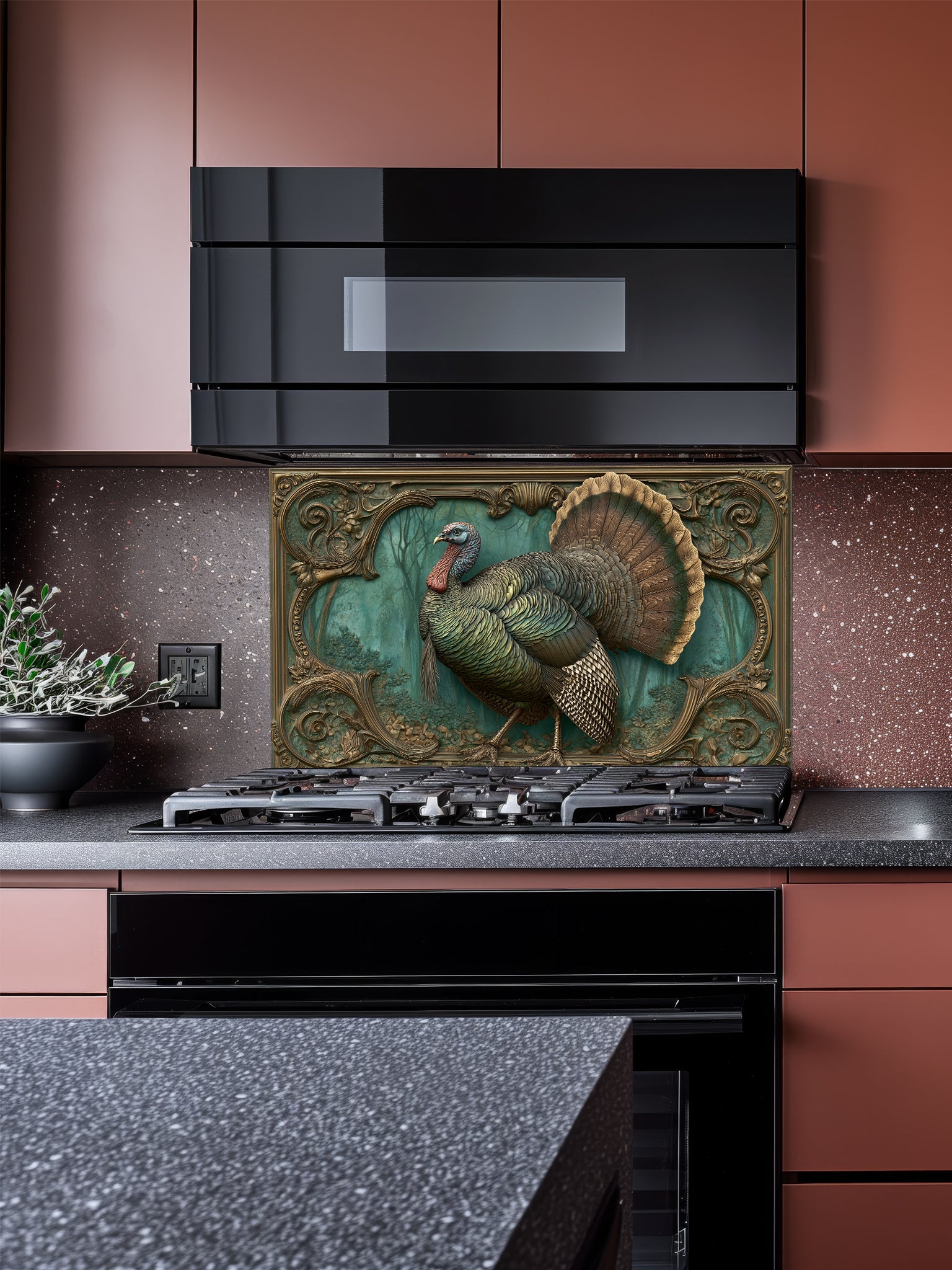 Faux 3D sculpted bronze and brass relief of a majestic turkey framed by baroque scrollwork, UV printed on a smooth tempered glass kitchen backsplash.