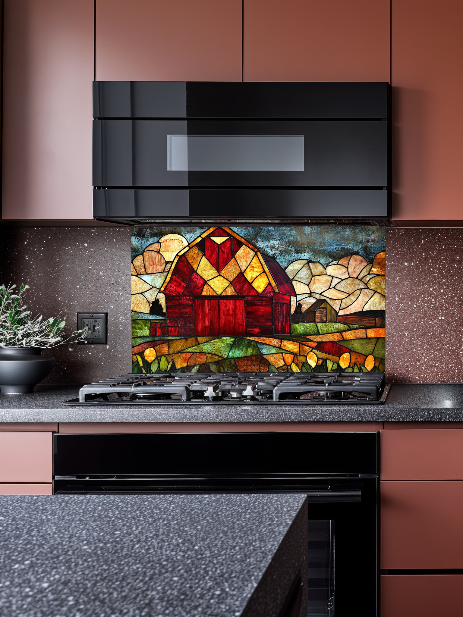 Tempered glass kitchen backsplash featuring a highly realistic 3D illusion of stained glass art showing a classic rustic red barn set in a vibrant farm landscape with golden fields under a cloudy blue sky, installed behind a modern black stove.