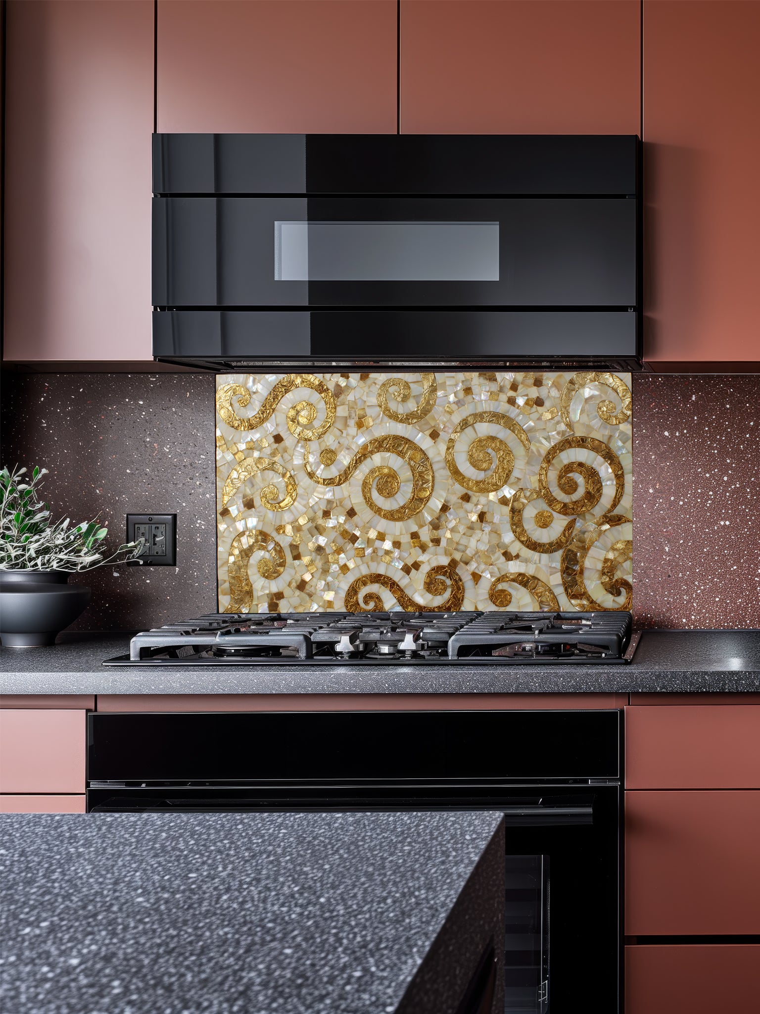 Faux 3D mosaic tile pattern featuring elegant gold swirls on an iridescent mother-of-pearl background, UV printed on a smooth tempered glass kitchen backsplash.
