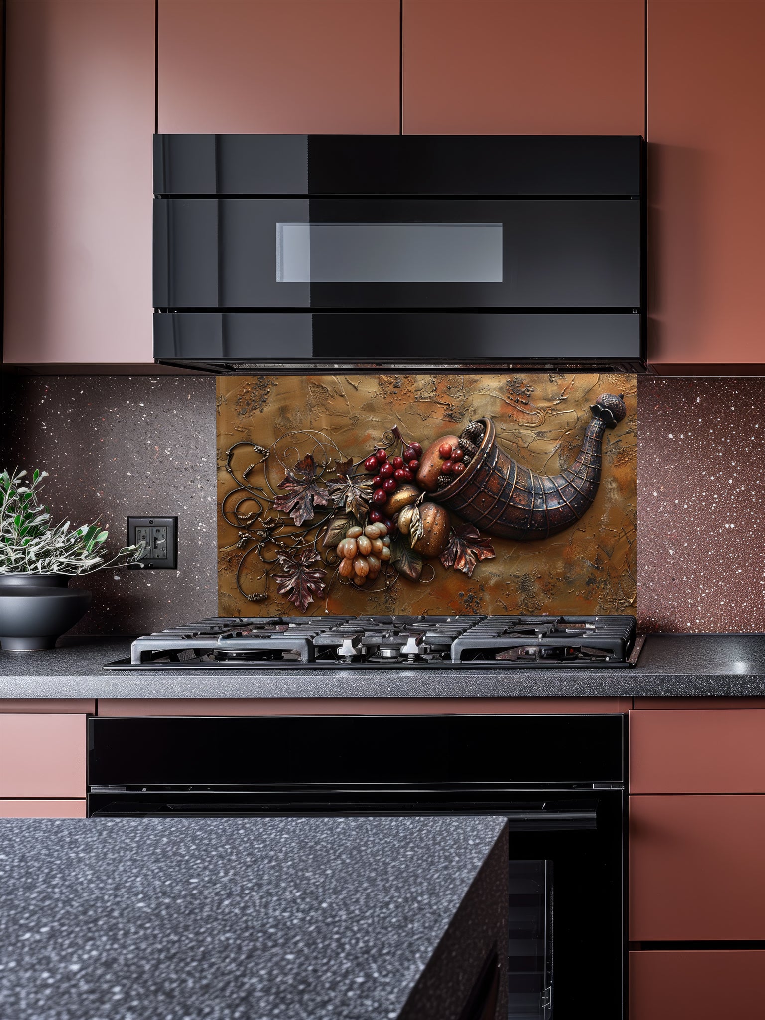 Faux 3D effect carved bronze cornucopia overflowing with grapes and autumn leaves on a textured metal background, UV printed on a smooth tempered glass kitchen backsplash.