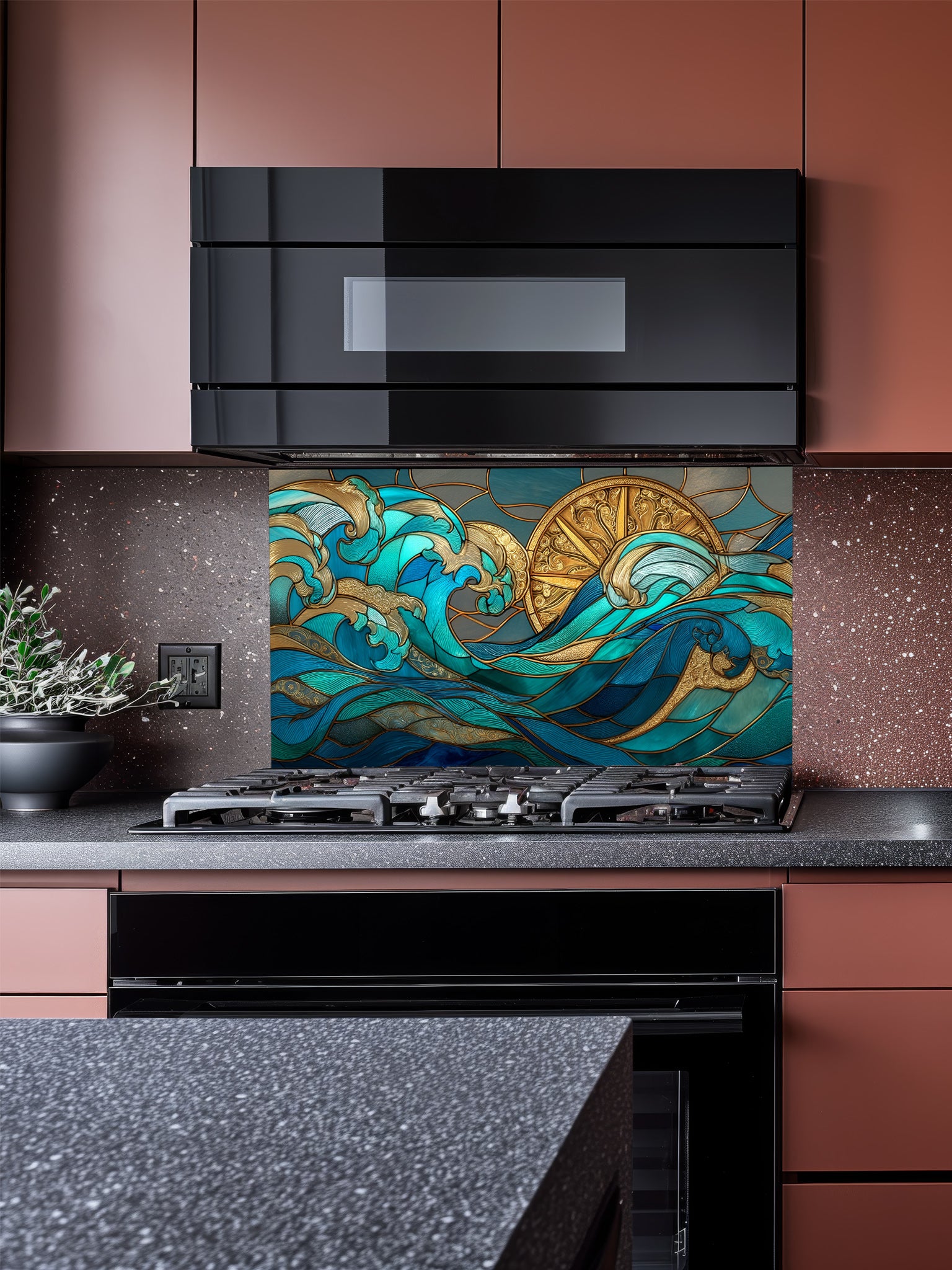 Art Deco stained glass style teal ocean waves and a golden sun UV printed on tempered glass kitchen backsplash, installed behind a modern stove.