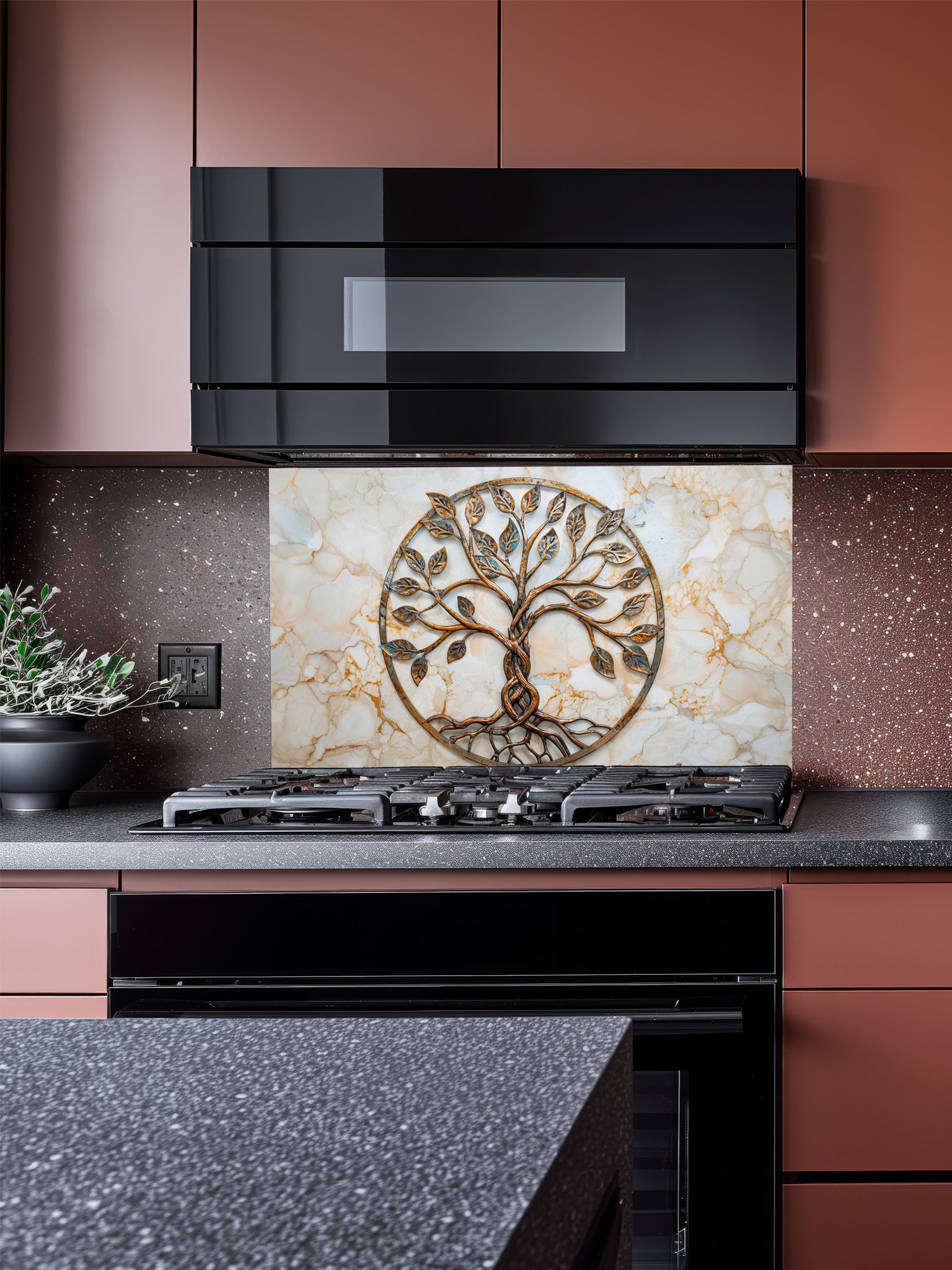 Faux 3D effect weathered rustic bronze and copper Tree of Life sculpture with patina accents on a warm cream marble background, UV printed on a smooth tempered glass kitchen backsplash, installed behind a modern stove.