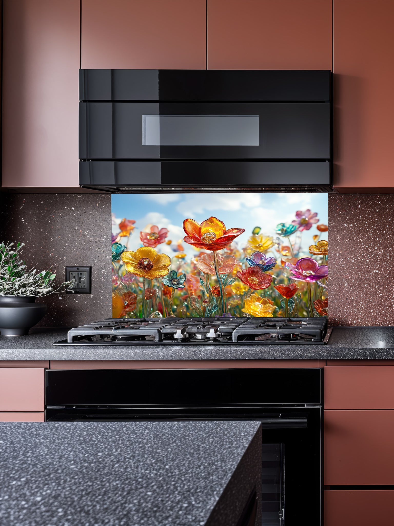 Tempered glass kitchen backsplash featuring a highly realistic 3D illusion of delicate blown glass wildflowers in vibrant translucent jewel tones against a bright blue sky, installed behind a modern stainless steel stove.