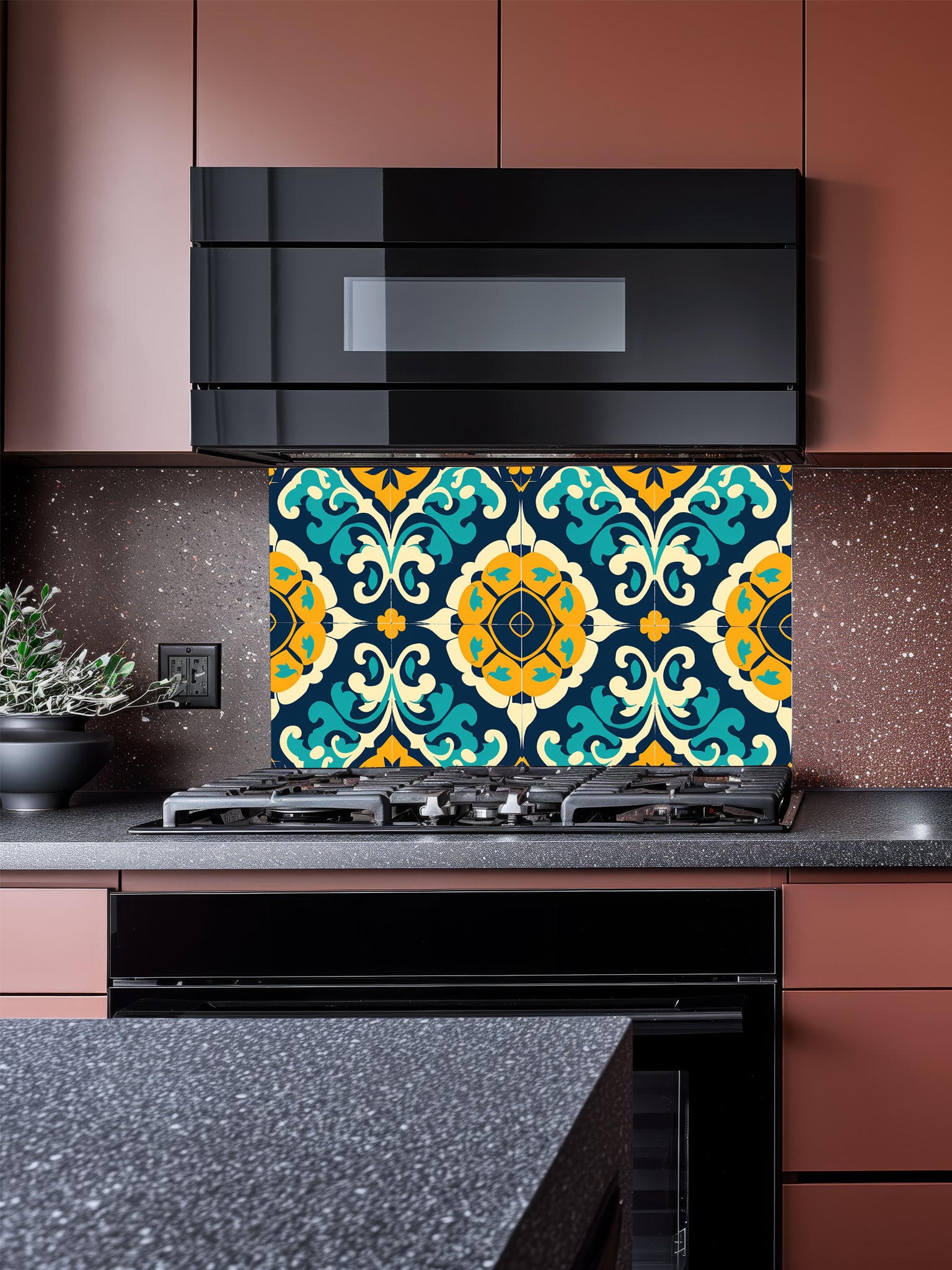 Tempered glass kitchen backsplash featuring a highly realistic illusion of traditional Moroccan or Spanish tiles, showcasing an intricate geometric floral pattern in deep navy blue, vibrant teal, and mustard yellow, installed behind a modern black stove.