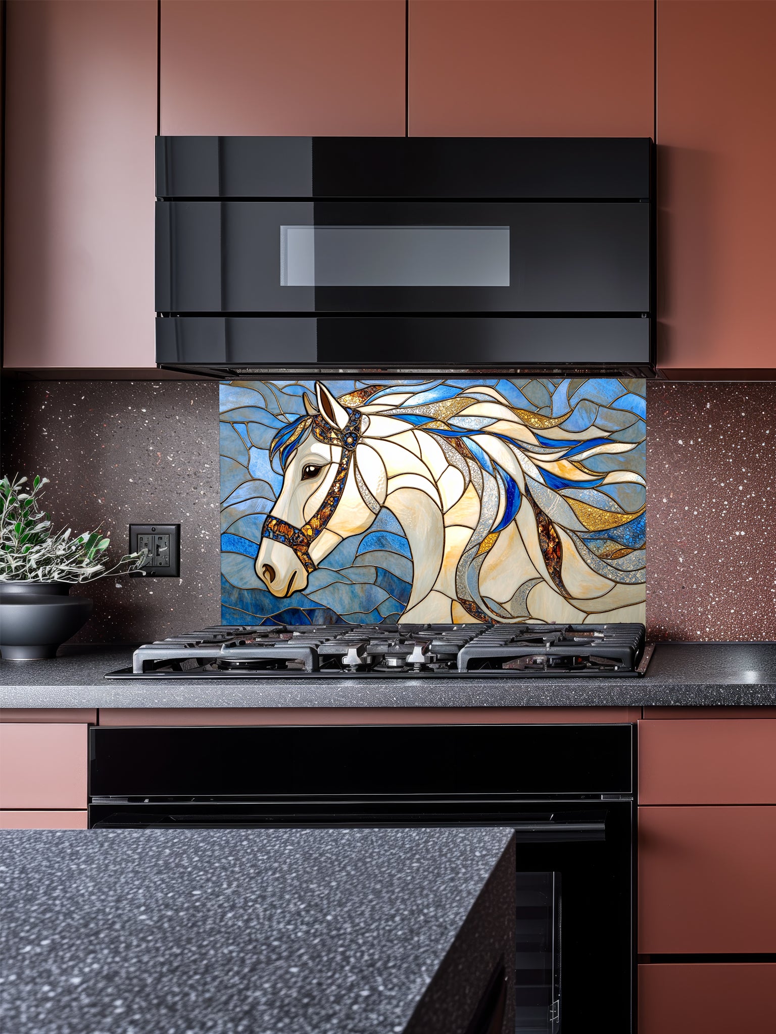 Tempered glass kitchen backsplash featuring a highly realistic 3D illusion of stained glass art showing a majestic noble white horse profile with a flowing, dynamic mane in sapphire blue and gold against a swirling blue background, installed behind a modern black stove.