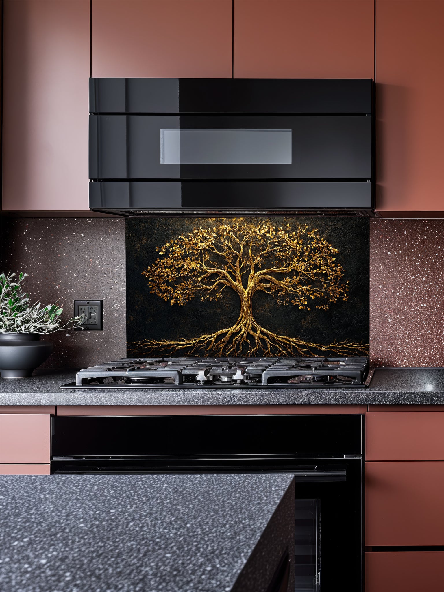 Abstract luxury fine art style Tree of Life featuring faux gold leaf and metallic textures, UV printed on a smooth tempered glass kitchen backsplash.