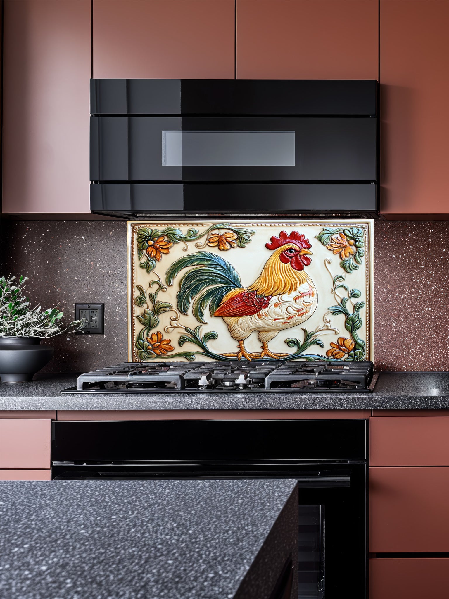 Kitchen with decorative glass backsplash featuring a rooster on the stove.