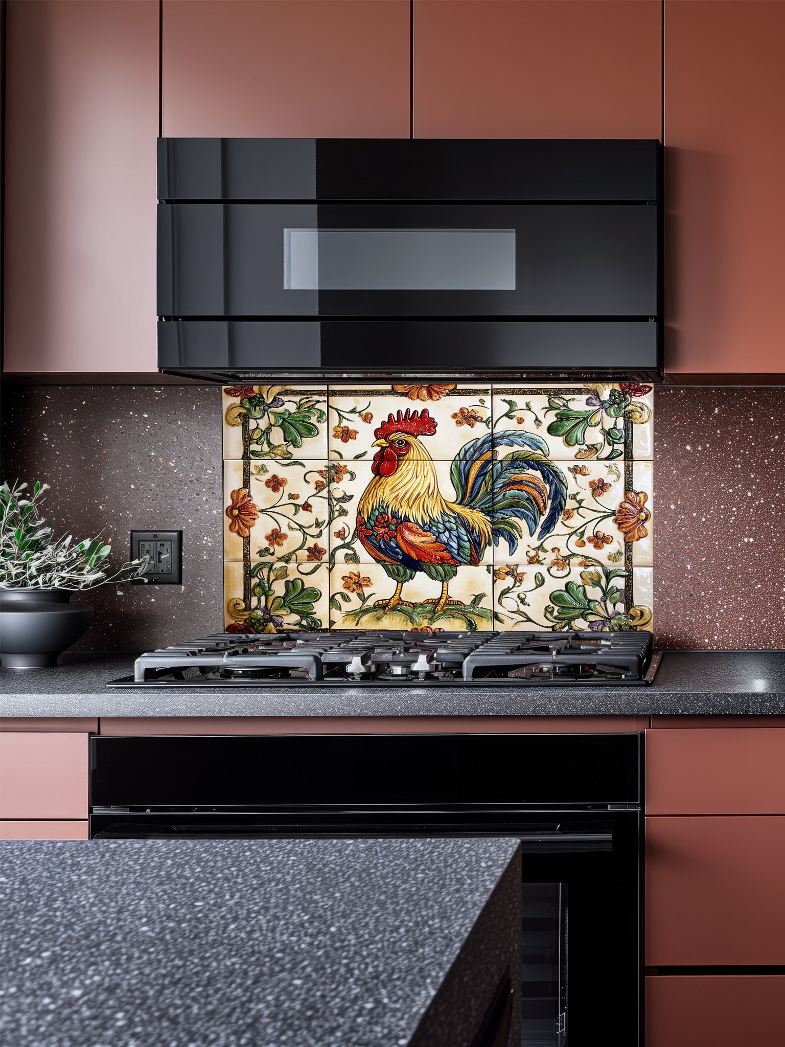 A warm farmhouse kitchen featuring a tempered glass backsplash with a highly realistic faux tile design, displaying a vintage painted rooster and floral border, installed behind a modern stove.