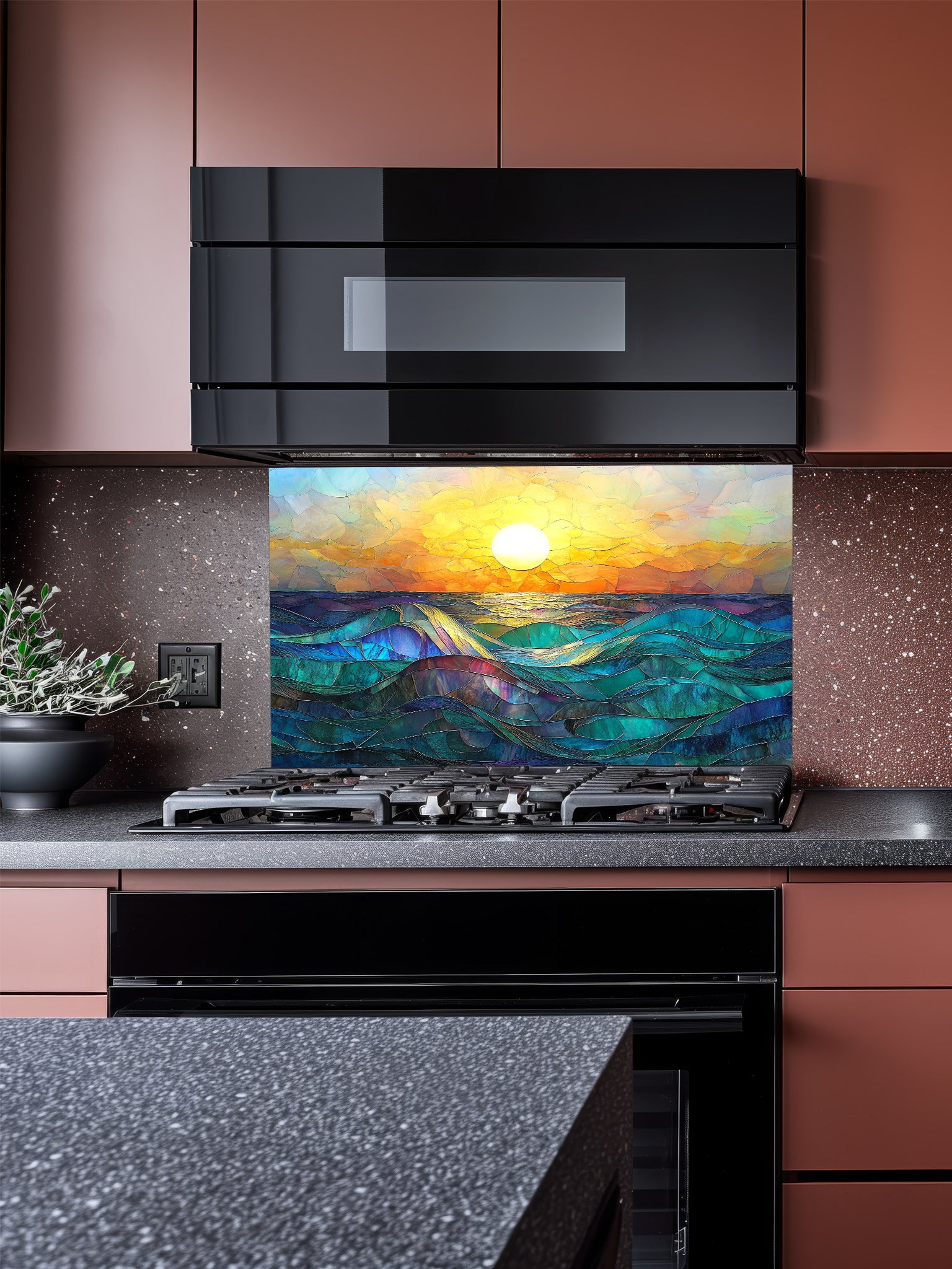 Kitchen with a decorative glass splashback featuring a sunset over water design.