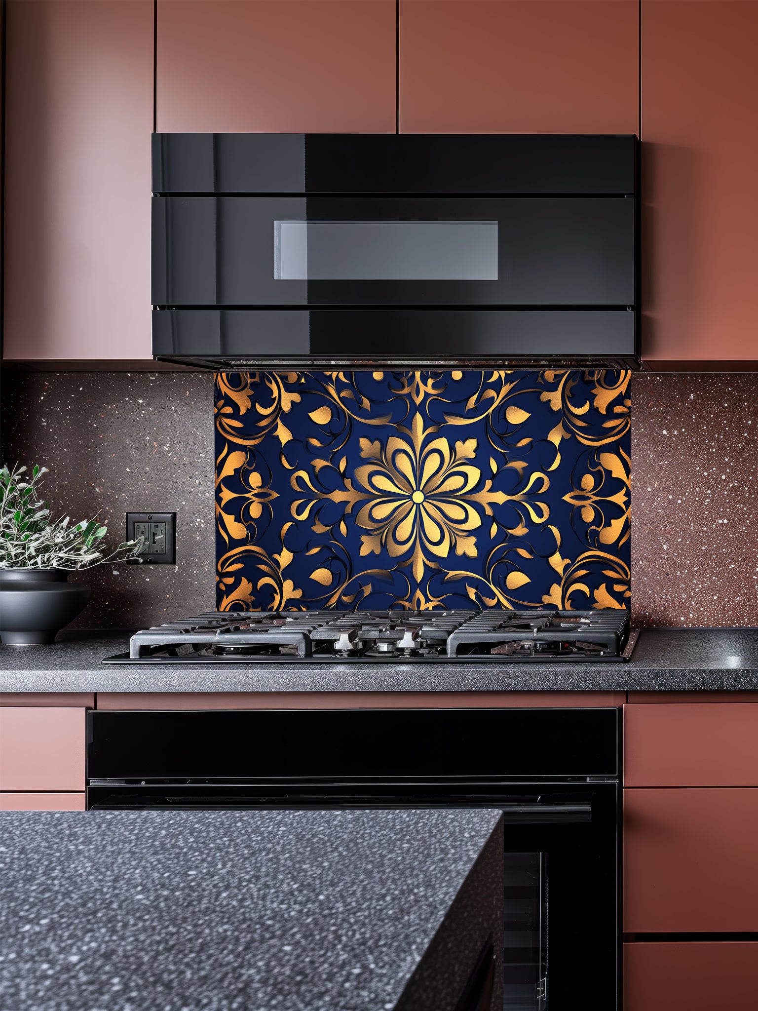 Elegant faux embossed gold damask floral mandala pattern on a deep midnight navy blue background, UV printed on a smooth tempered glass kitchen backsplash.