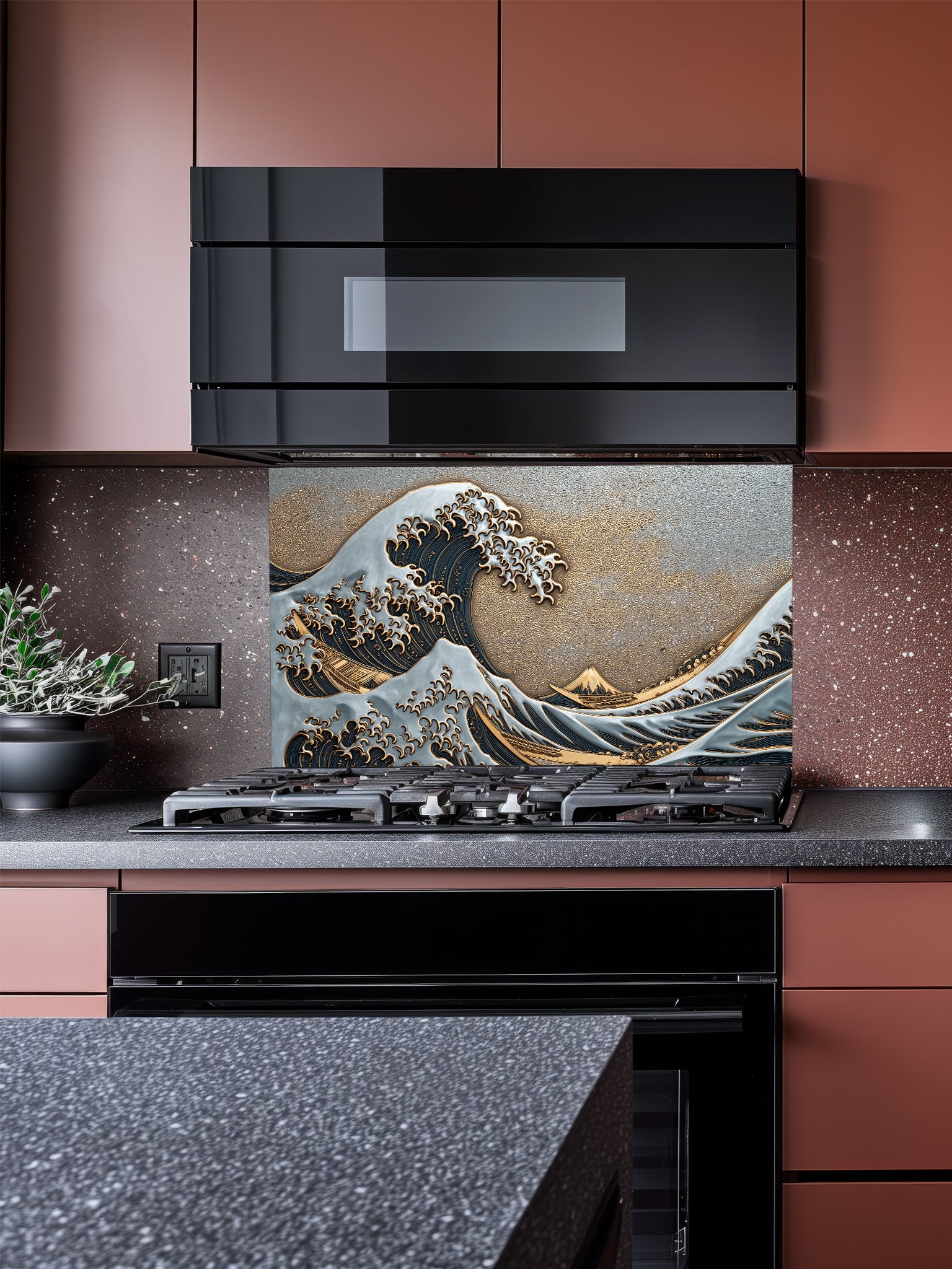 Faux 3D sculpted mixed metal relief of the Great Wave featuring silver crests, deep navy blue water, and a textured gold sky, UV printed on a smooth tempered glass kitchen backsplash.