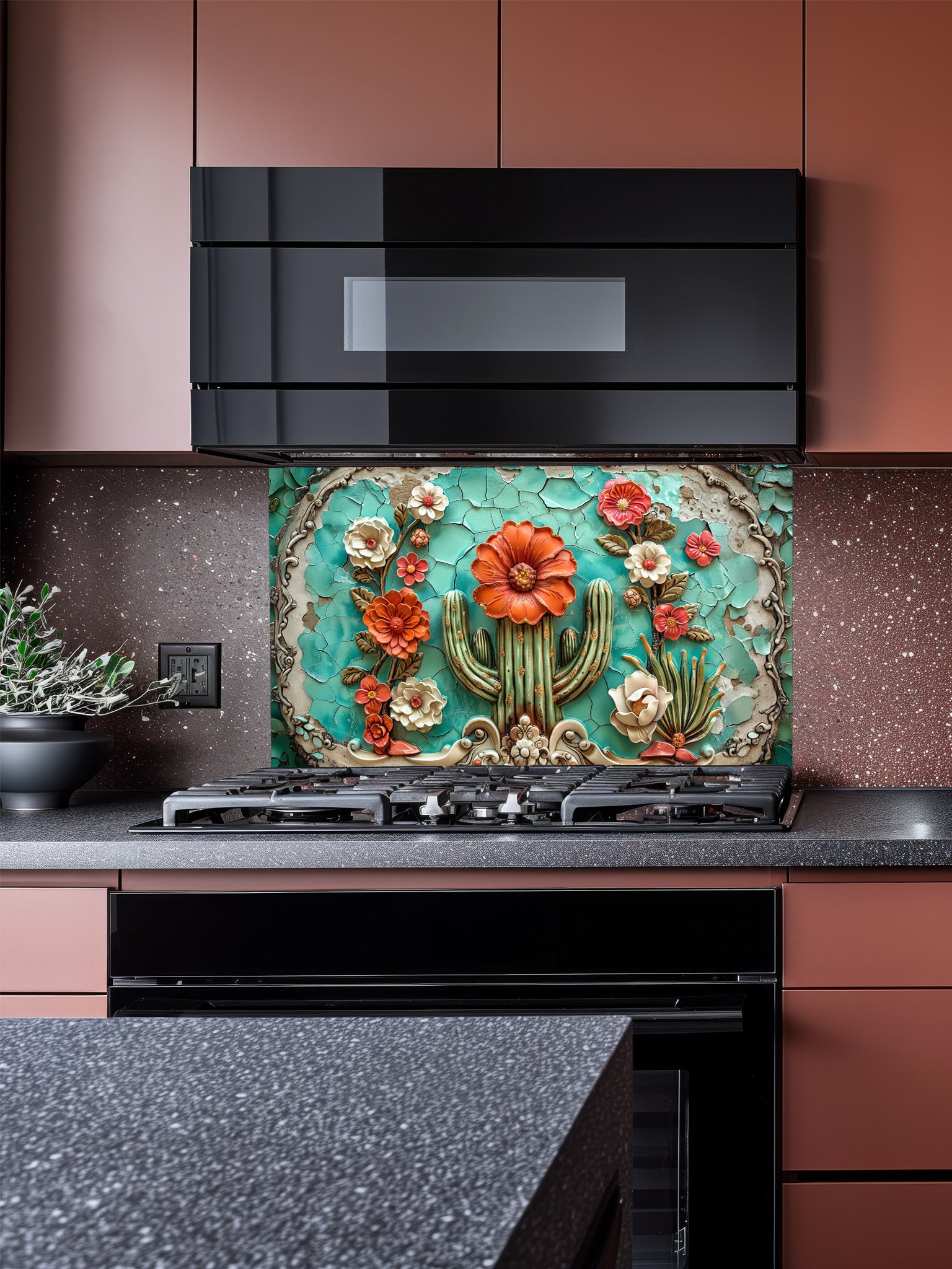 Faux 3D effect embossed blooming cactus with orange flowers on vintage cracked turquoise tiles, UV printed on a smooth tempered glass kitchen backsplash, installed behind a modern stove.