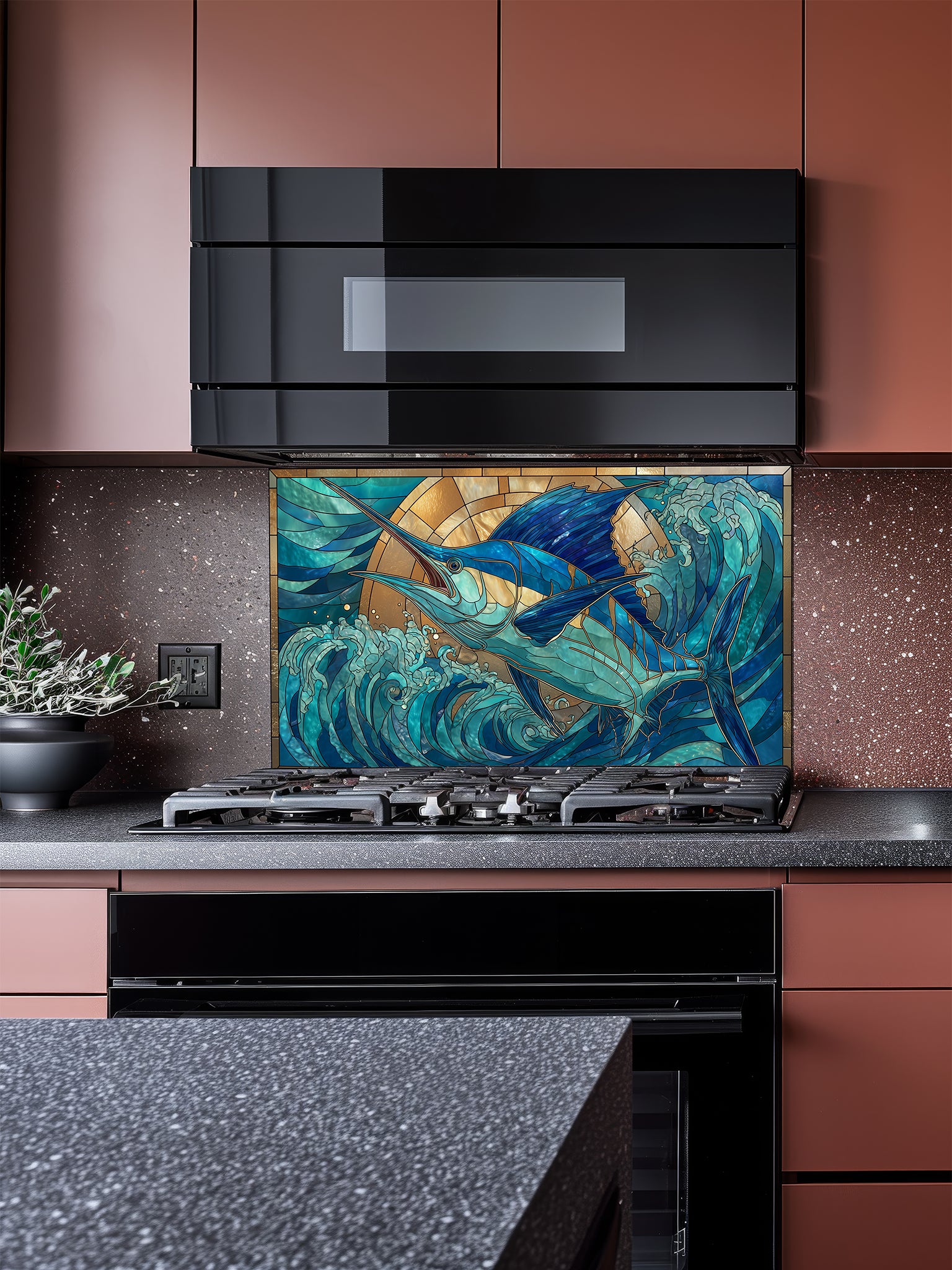 Tempered glass kitchen backsplash featuring a vibrant faux stained glass design of a majestic blue marlin leaping out of teal ocean waves against a glowing golden sunburst background, installed behind a modern stainless steel stove.