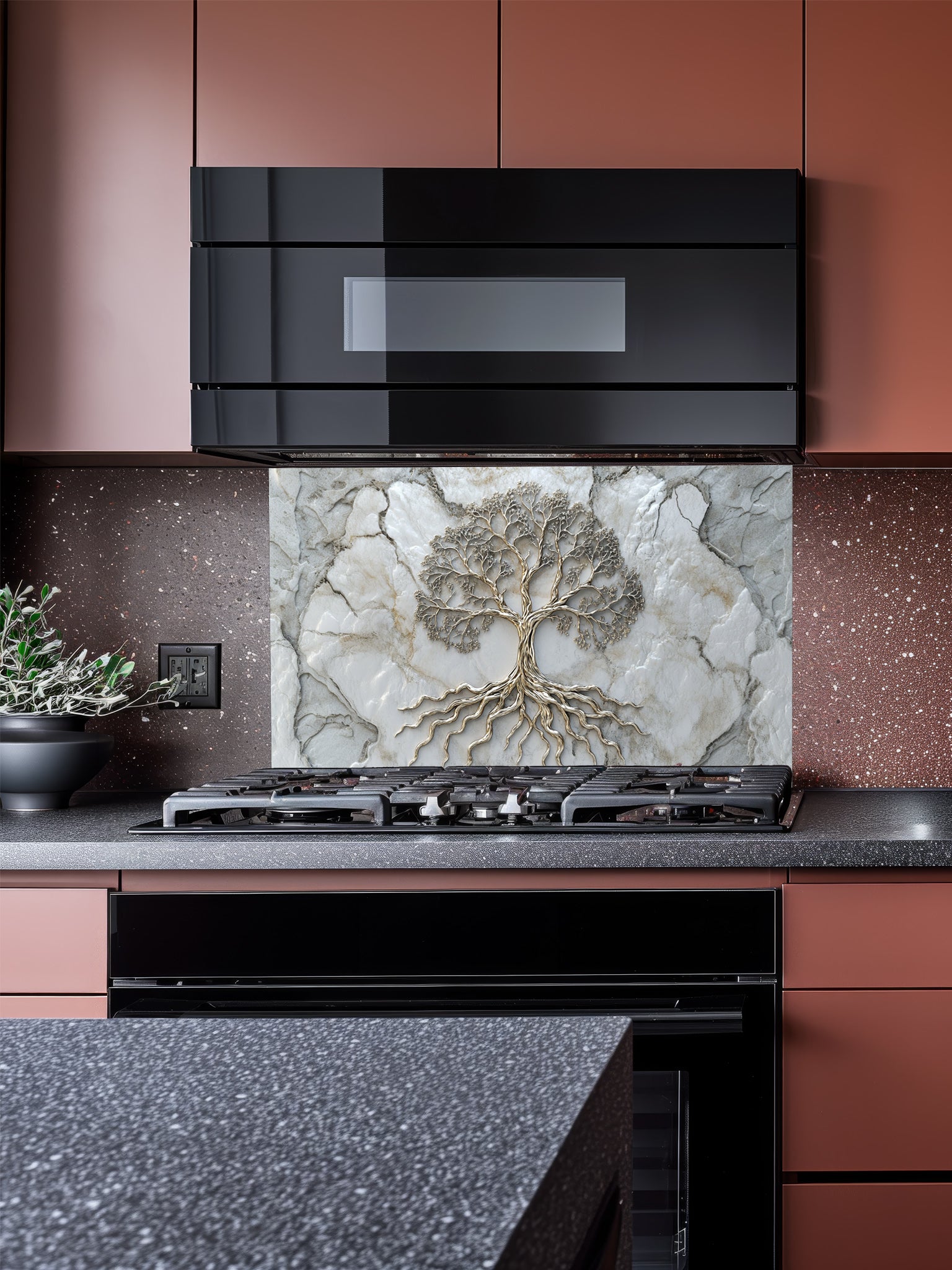 Faux 3D effect metallic Tree of Life on a light marble texture background, UV printed on a smooth tempered glass kitchen backsplash, installed behind a modern stove.