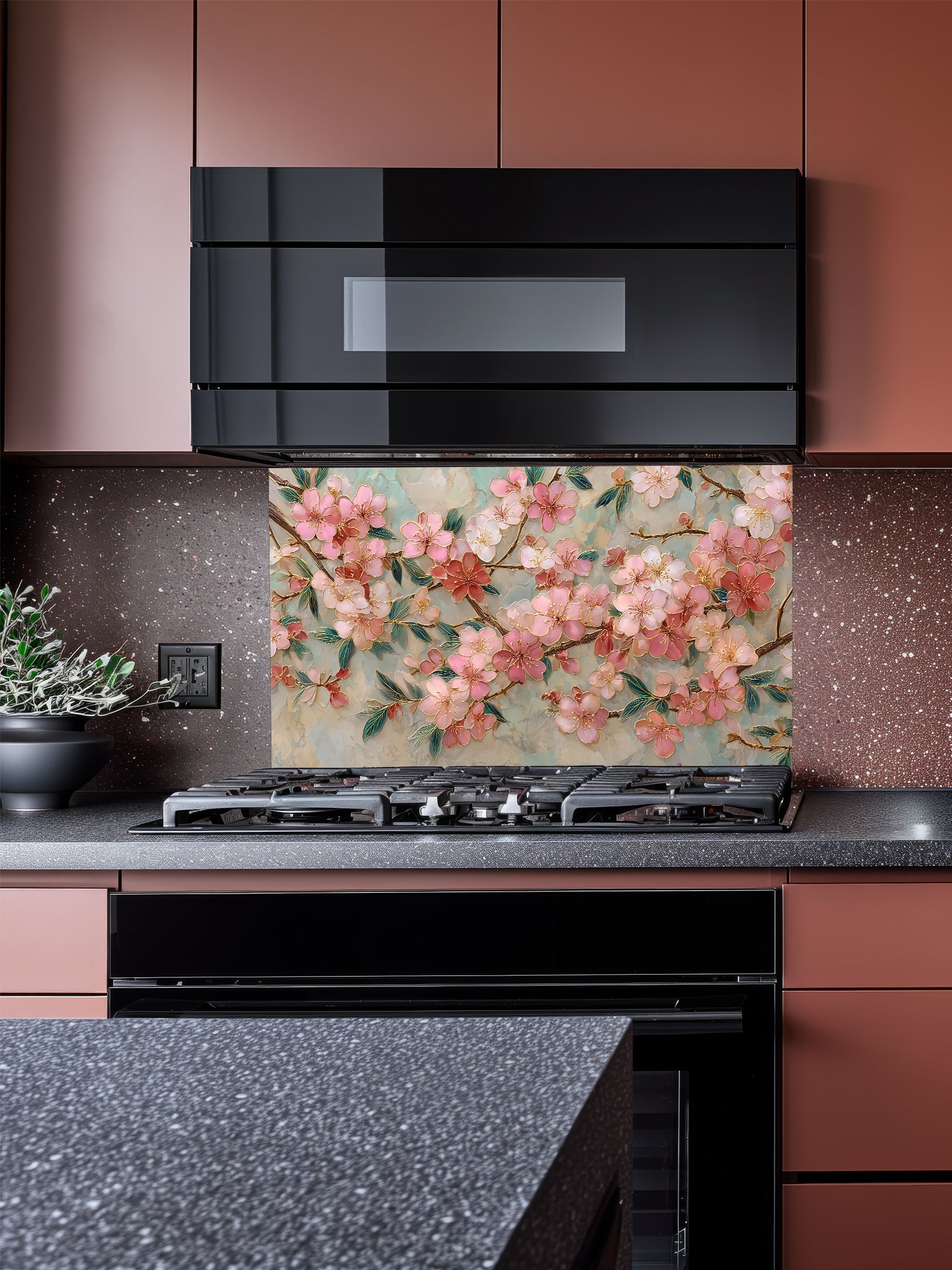 Faux 3D effect glossy pink cherry blossom branches with golden metallic outlines on a soft teal marble background, UV printed on a smooth tempered glass kitchen backsplash.