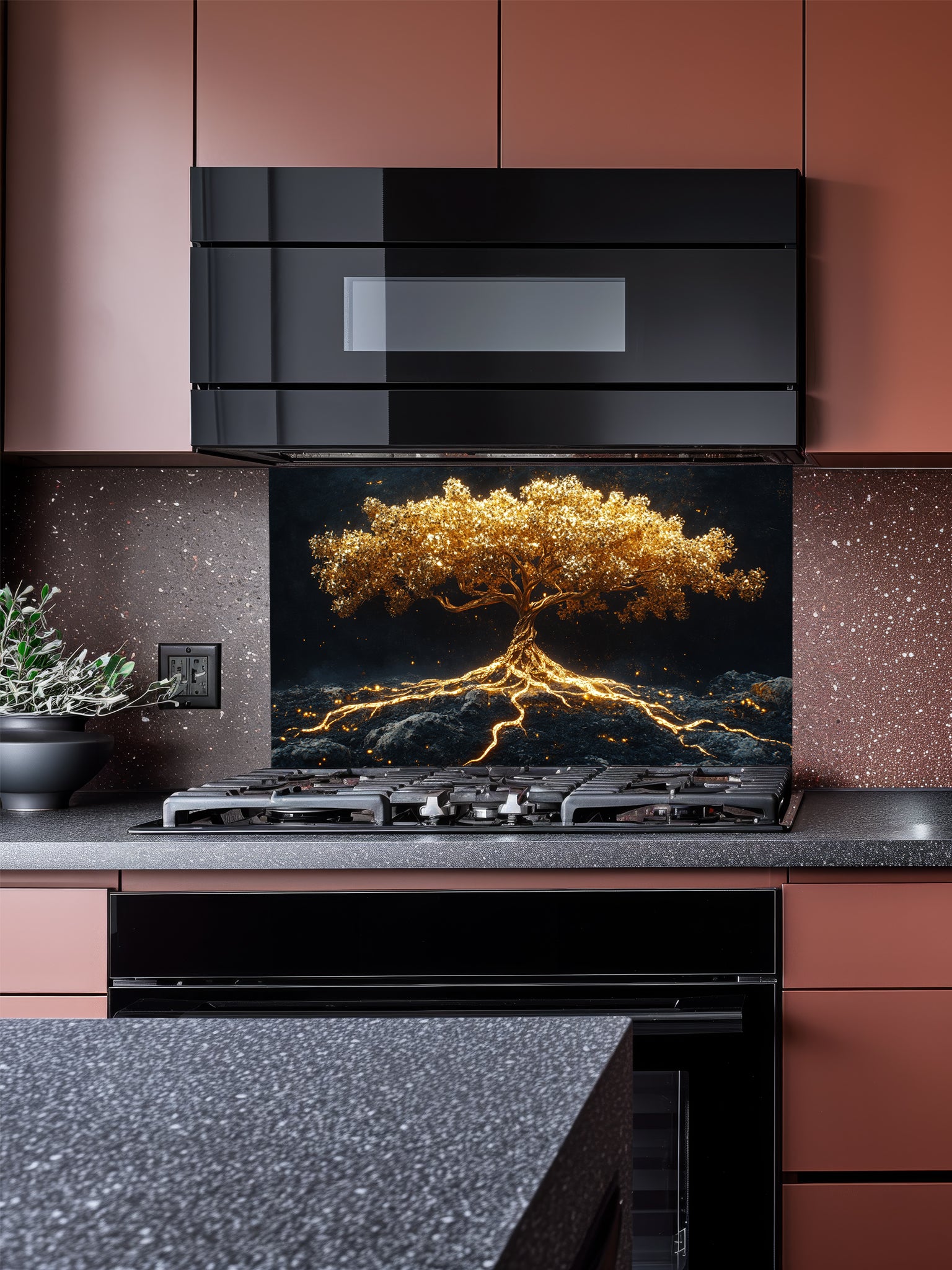 Faux glowing golden tree of life with illuminated roots on a dark mystical background, UV printed on a smooth tempered glass kitchen backsplash.
