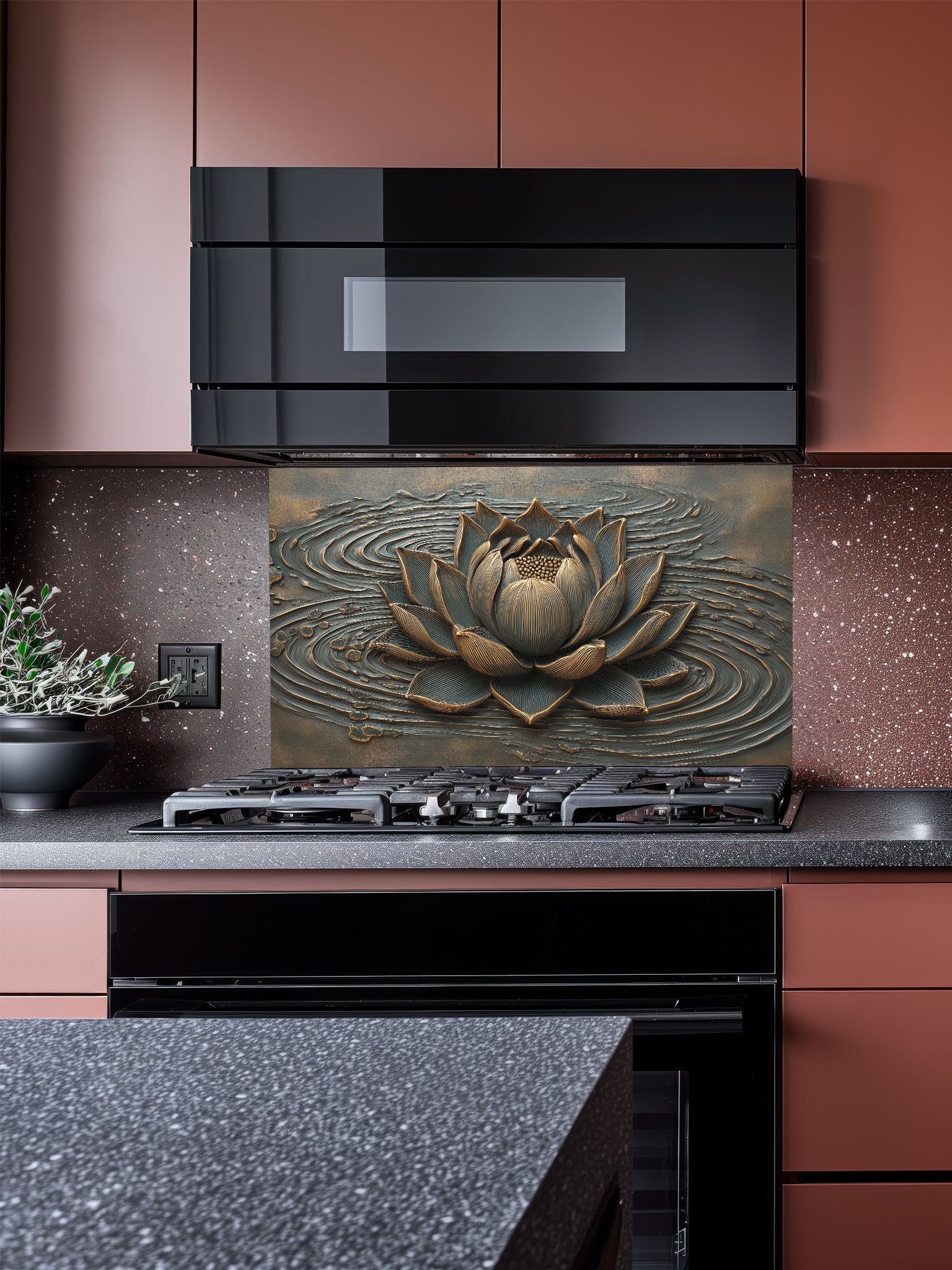 Faux 3D sculpted relief of a lotus flower with bronze highlights and rippling water waves on a dark background, UV printed on a smooth tempered glass kitchen backsplash.