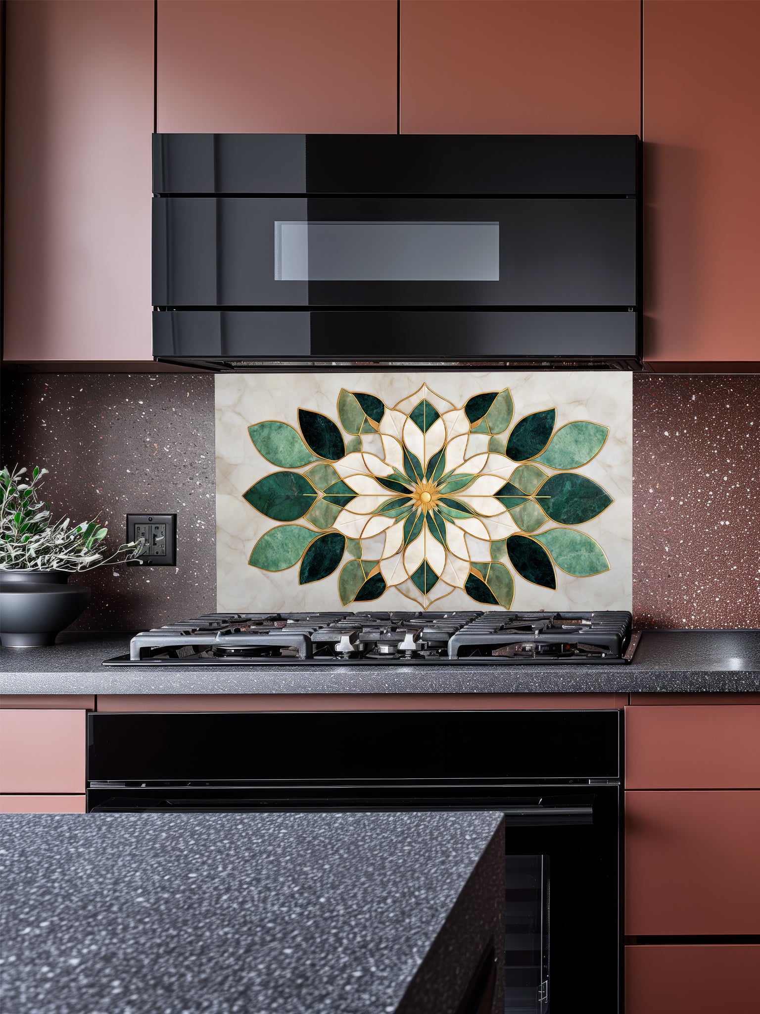 Tempered glass kitchen backsplash featuring a highly realistic 3D illusion of luxurious marble inlay art, showcasing a symmetrical geometric floral mandala or lotus pattern in emerald green and creamy white marble textures with faux gold metallic outlines, installed behind a modern black stove.