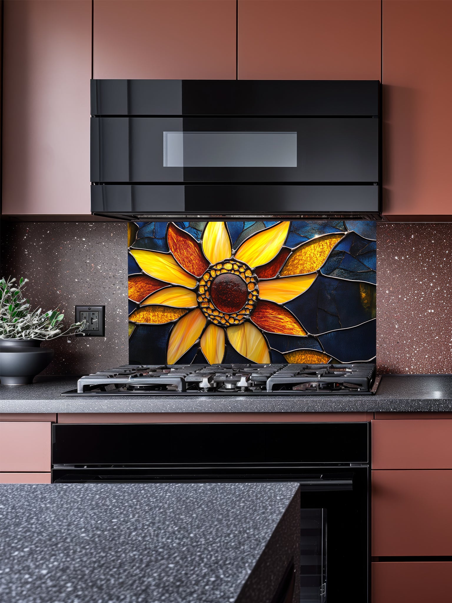 Stained glass style macro sunflower with vibrant yellow petals against a dark blue background, UV printed on a smooth tempered glass kitchen backsplash.
