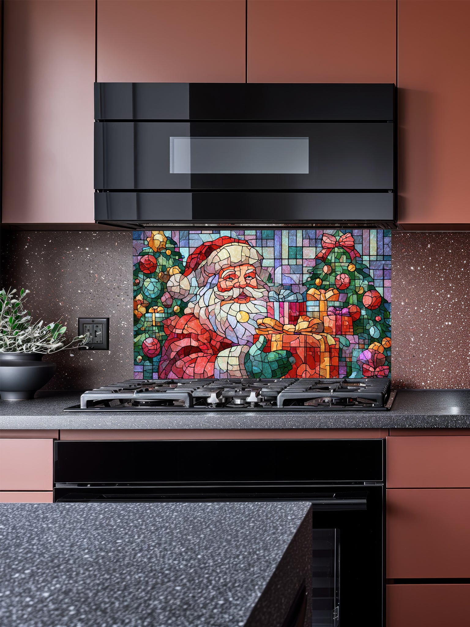 Tempered glass kitchen backsplash featuring a highly realistic 3D illusion of mosaic stained glass art showing a cheerful Santa Claus holding a wrapped gift, surrounded by green Christmas trees and colorful presents against a tiled blue and purple background, installed behind a modern black stove.