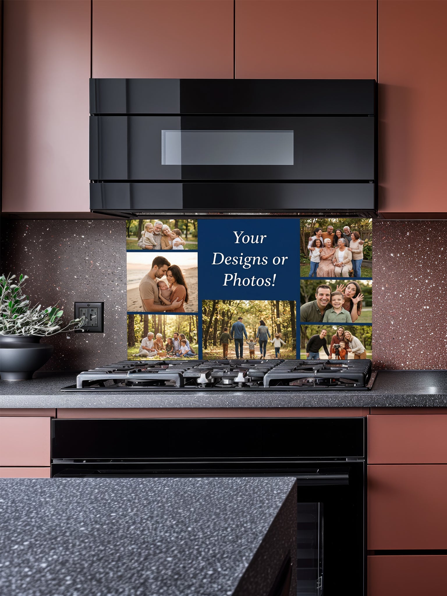 Tempered glass kitchen backsplash showcasing a custom 'Your Photo or Design' mockup featuring a family reading by a fireplace, installed behind a modern stainless steel stove.