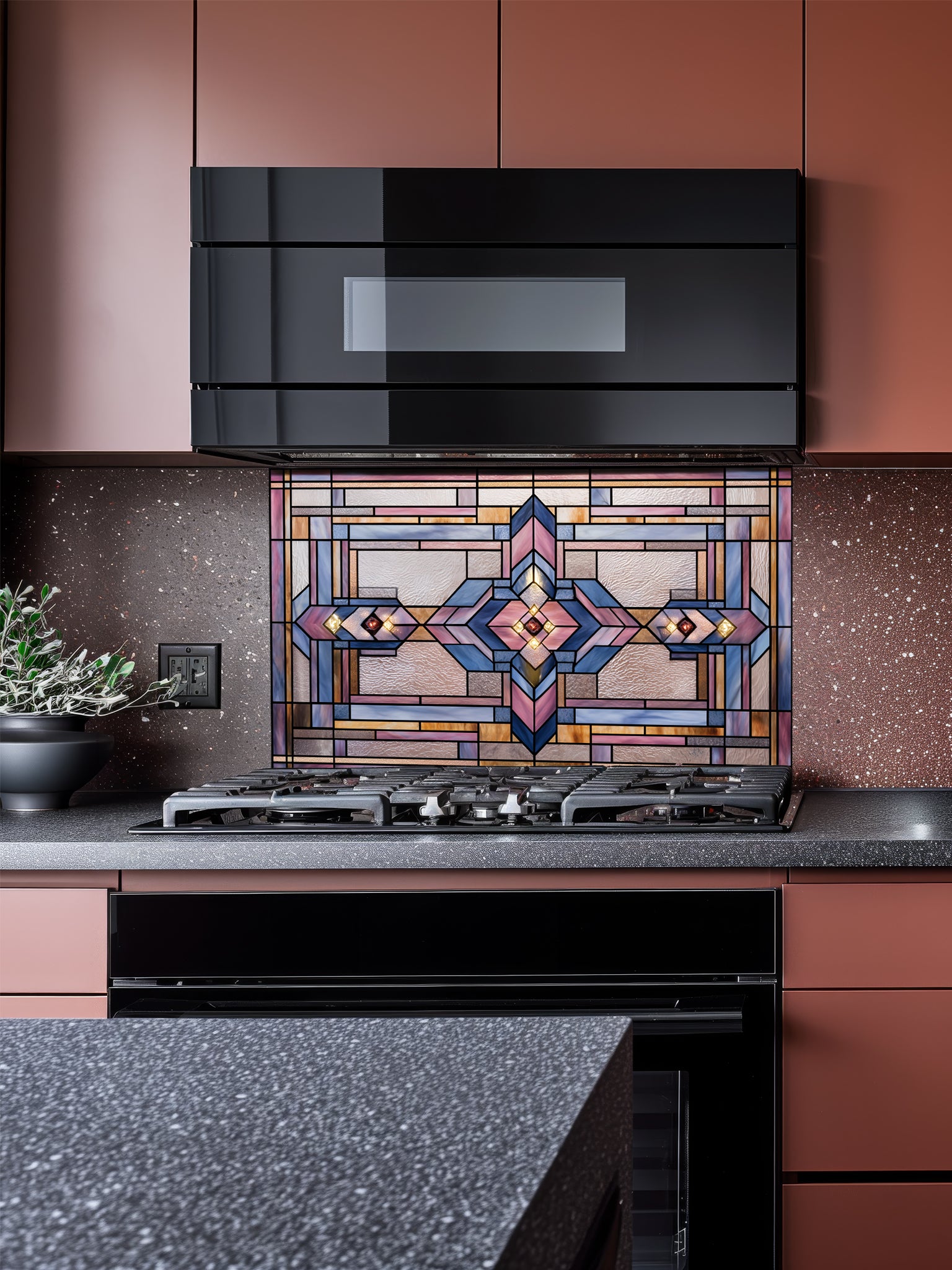 Tempered glass kitchen backsplash featuring a highly realistic 3D illusion of architectural Prairie-style stained glass, showing a symmetrical geometric pattern with diamonds and intersecting lines in dusty rose, lavender, soft blue, and amber, installed behind a modern black stove.