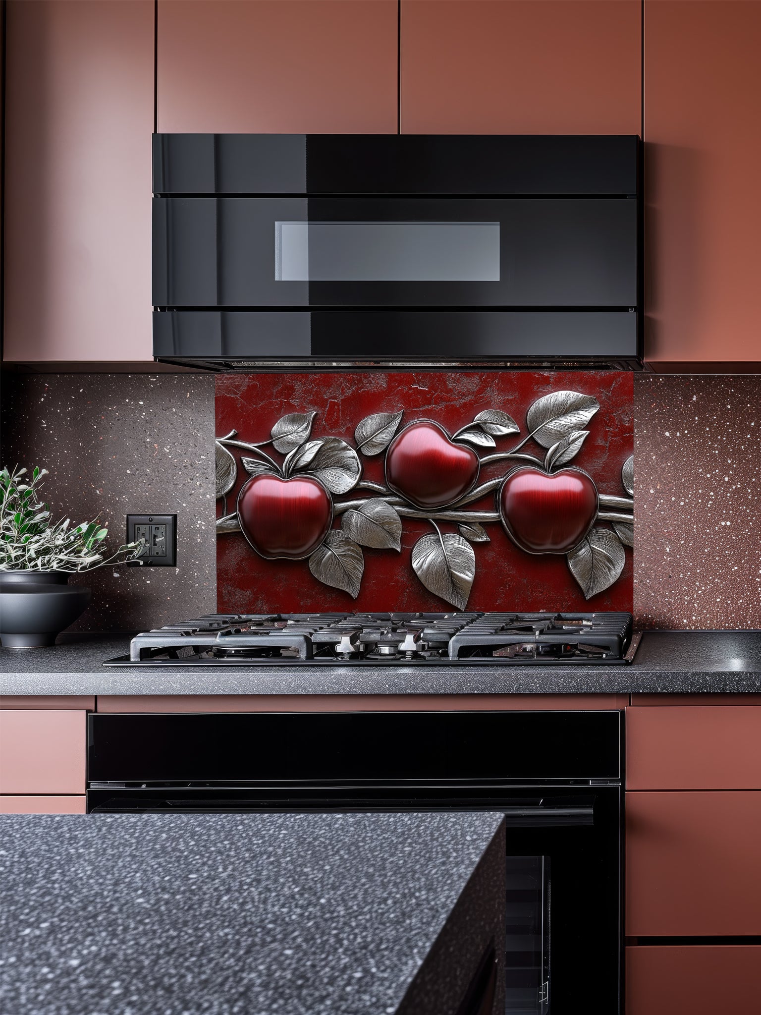 Faux 3D effect glossy red apples and metallic silver leaves on a textured crimson background, UV printed on a smooth tempered glass kitchen backsplash.