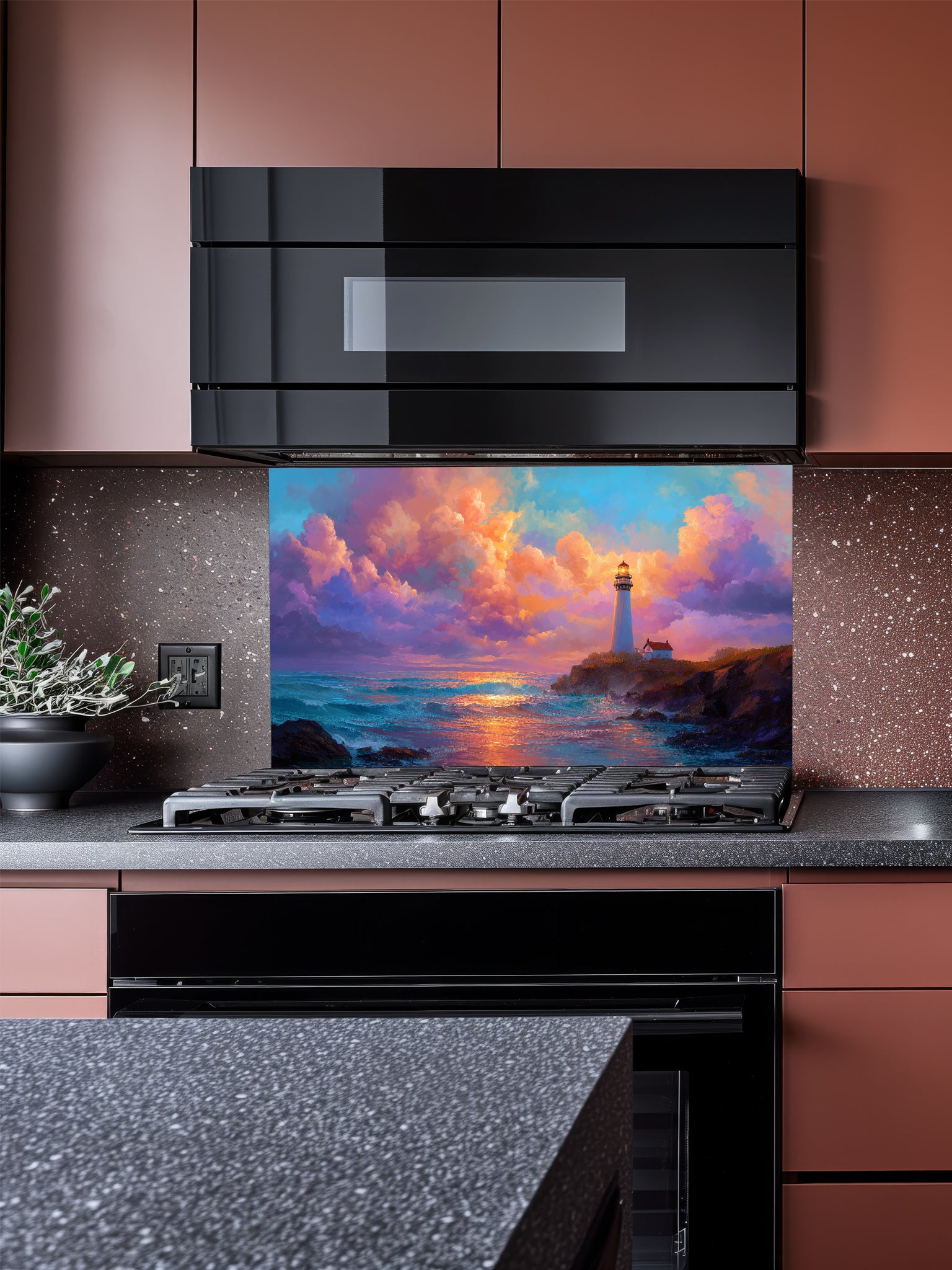 Painting style landscape of a classic lighthouse on a rocky cliff overlooking ocean waves under a colorful sunset sky, UV printed on a smooth tempered glass kitchen backsplash.
