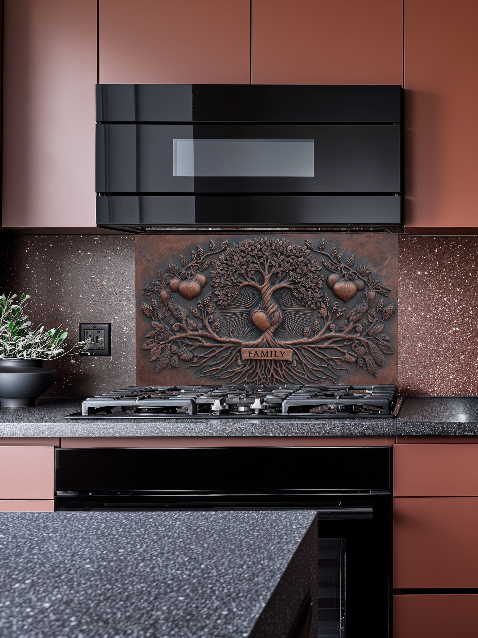 Faux 3D sculpted iron and copper relief of a family tree with a central radiating heart and a single 'FAMILY' banner over the roots, UV printed on a smooth tempered glass kitchen backsplash.