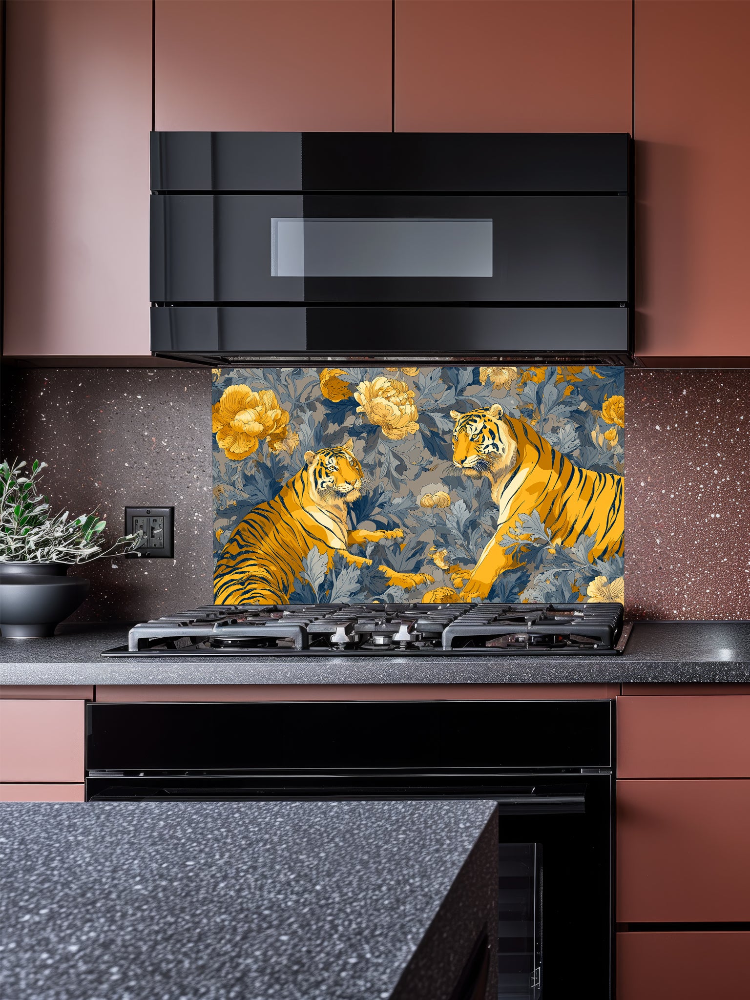 Vintage Chinoiserie style illustration of two majestic tigers among golden yellow peonies and deep blue botanical foliage, UV printed on a smooth tempered glass kitchen backsplash.