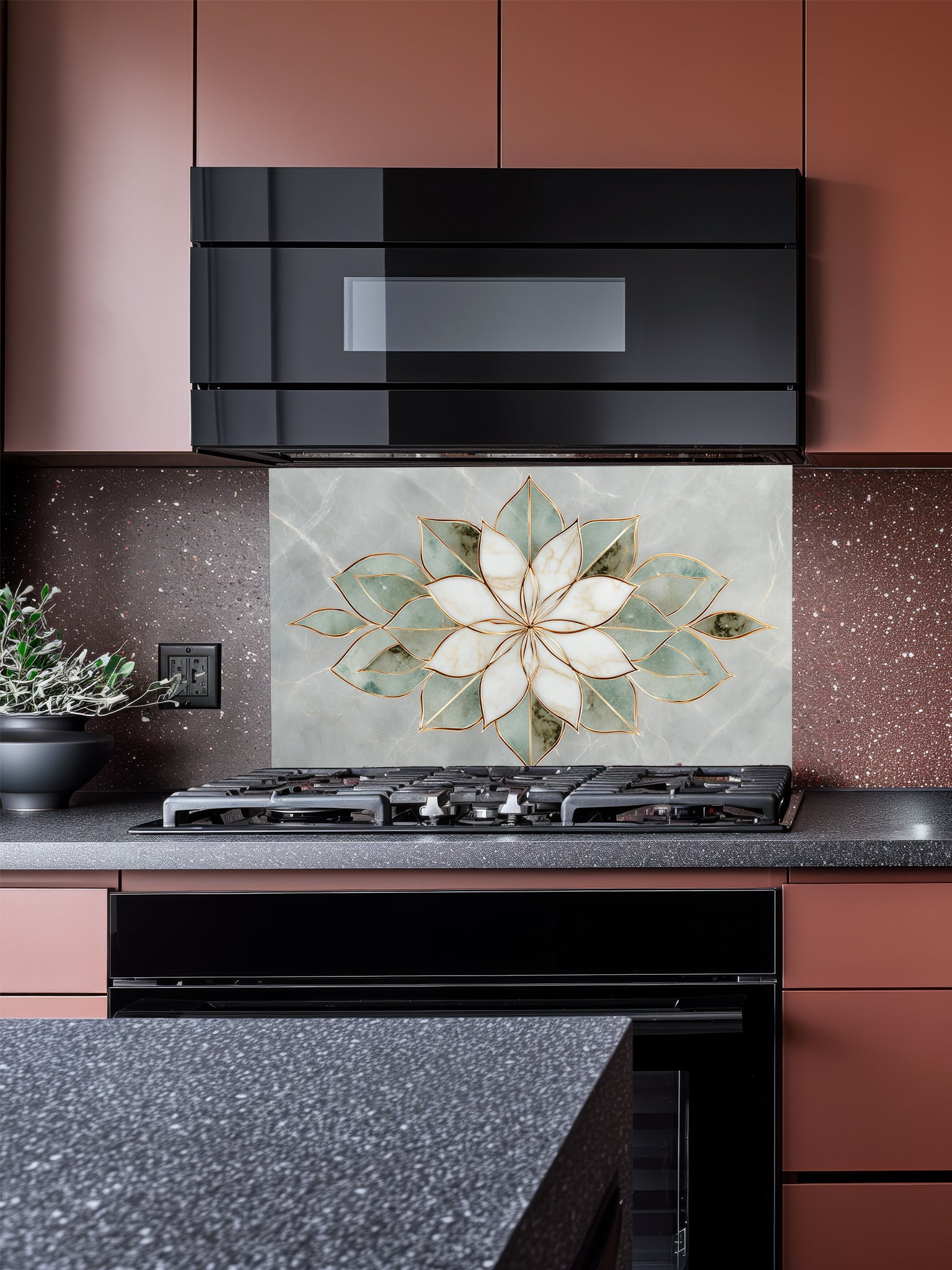 Faux light green jade marble kitchen backsplash featuring a sharp, geometric white and sage green stone lotus with gold inlay, UV printed on smooth tempered glass.
