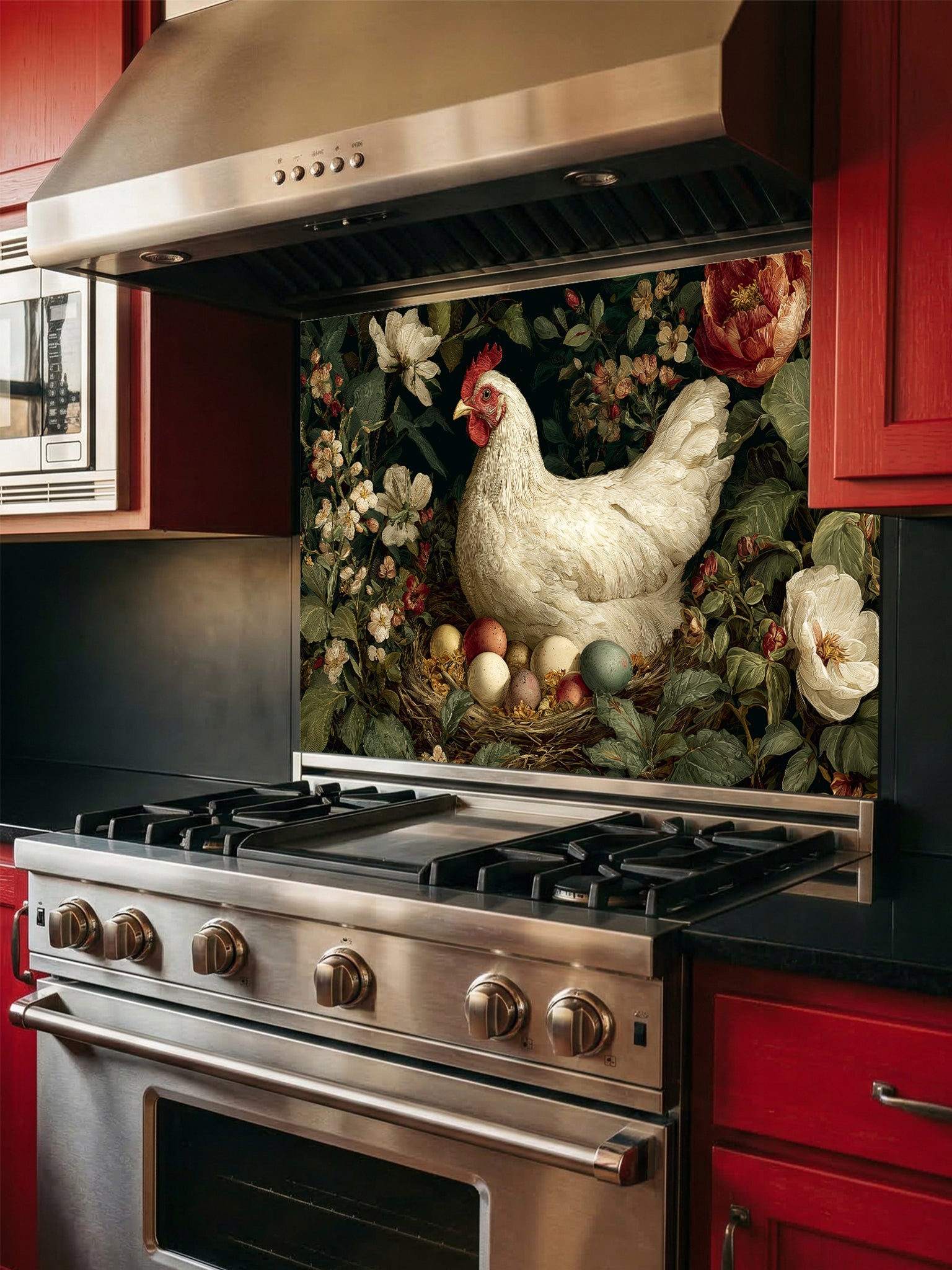 Tempered glass kitchen backsplash featuring a vintage dark moody floral design with a white hen sitting on a nest of colorful eggs, installed behind a modern stainless steel stove.