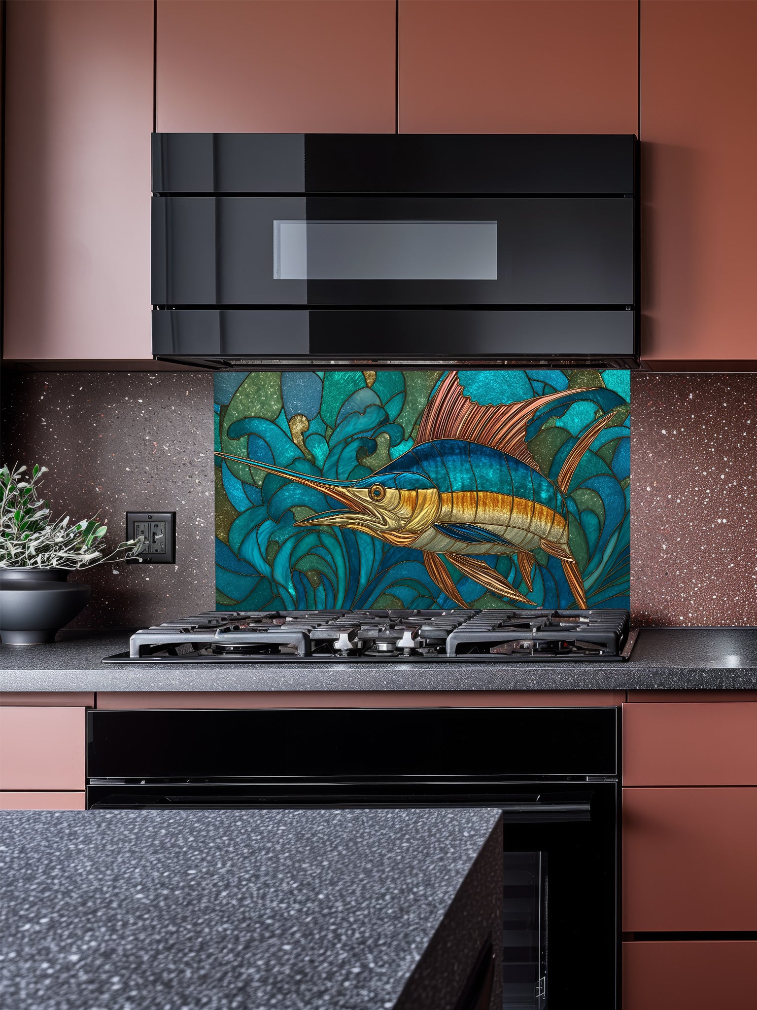 Stained glass style majestic blue marlin swimming through dynamic turquoise ocean waves, UV printed on a smooth tempered glass kitchen backsplash, installed behind a modern stove.