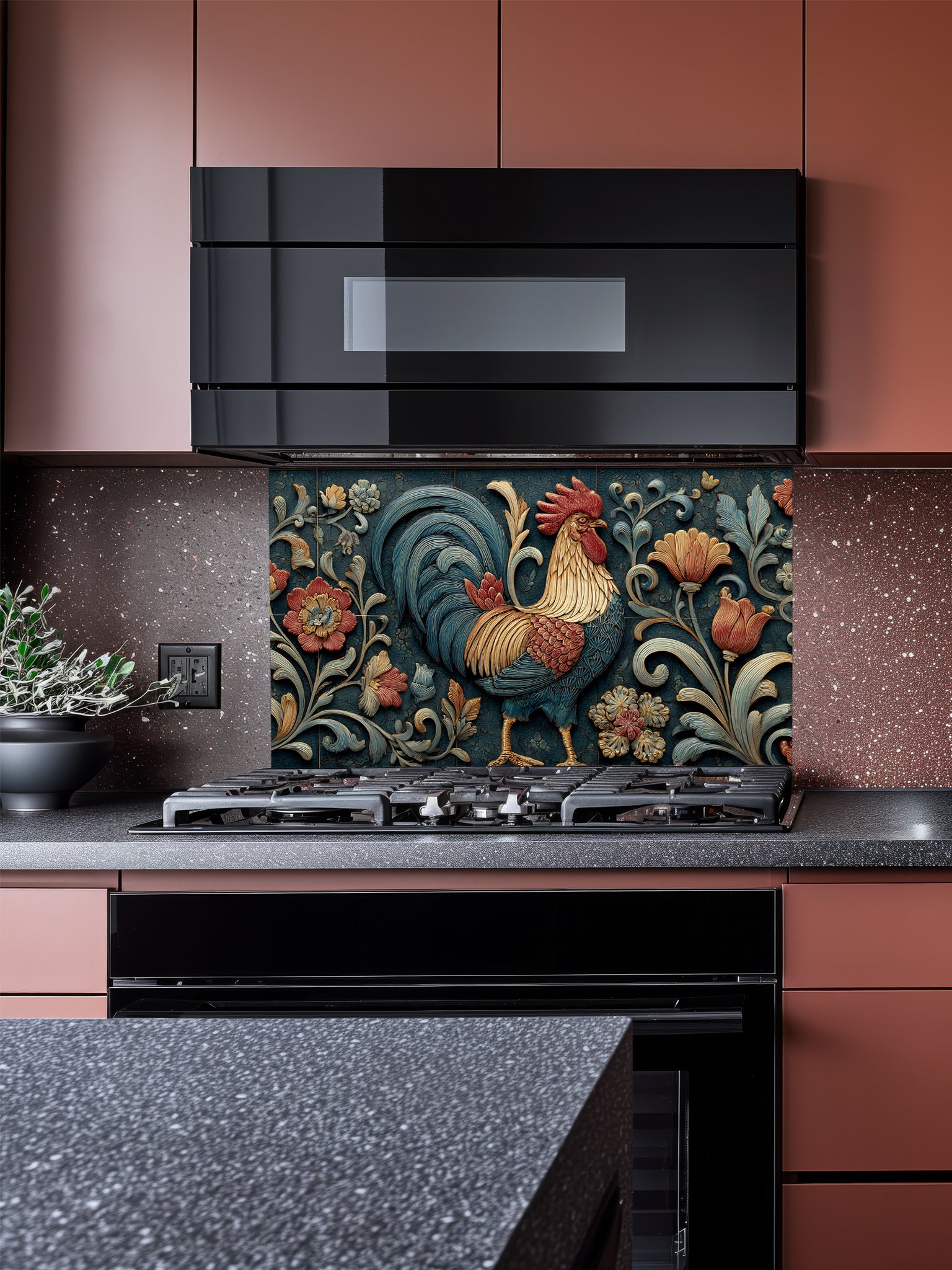 Faux 3D carved relief of a majestic rooster and floral motifs in teal and rust tones, UV printed on a smooth tempered glass kitchen backsplash.