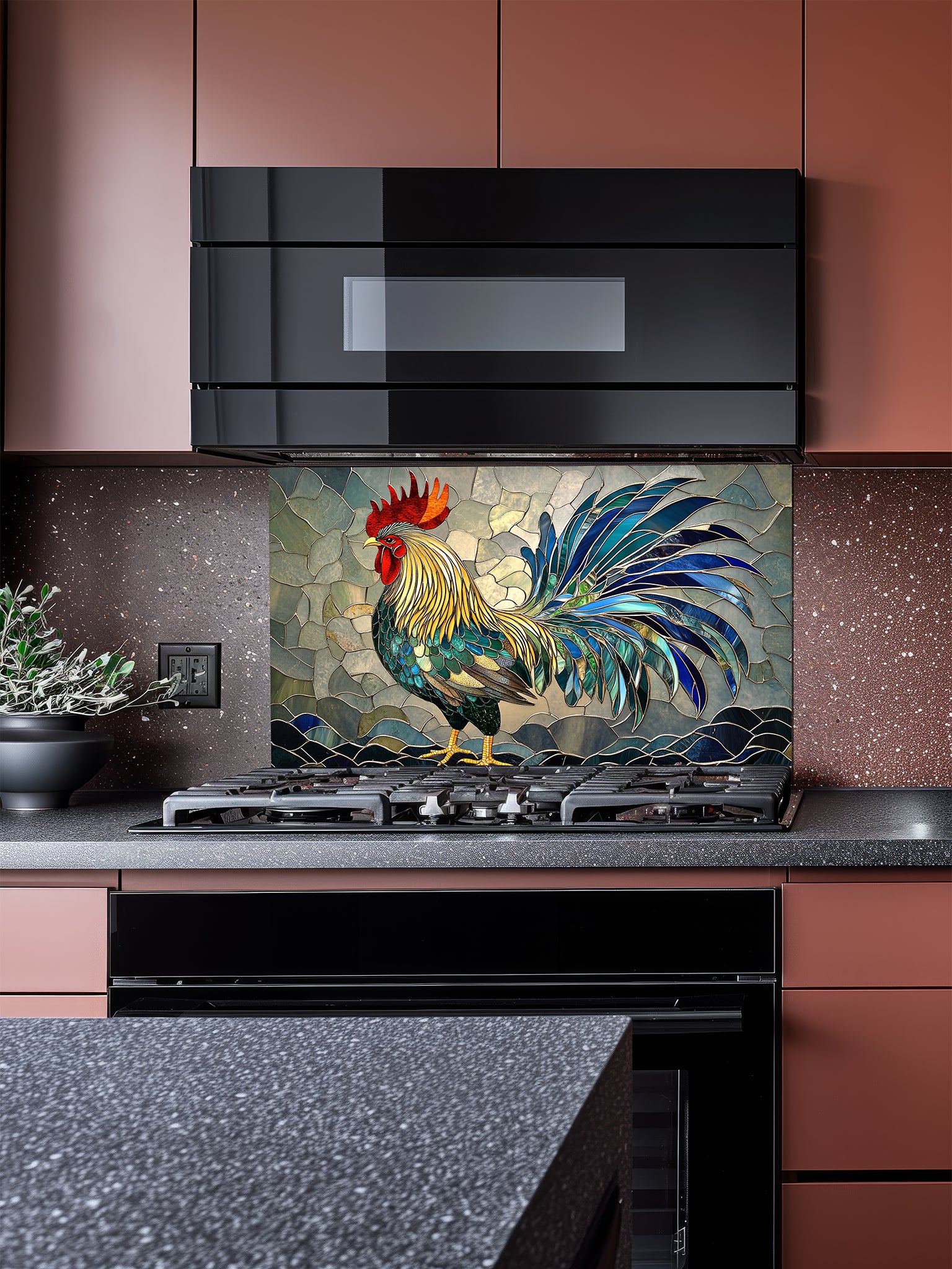 Tempered glass kitchen backsplash featuring a vibrant faux stained glass design of a majestic rooster in rich blues, greens, yellows, and reds, installed behind a modern stainless steel stove.