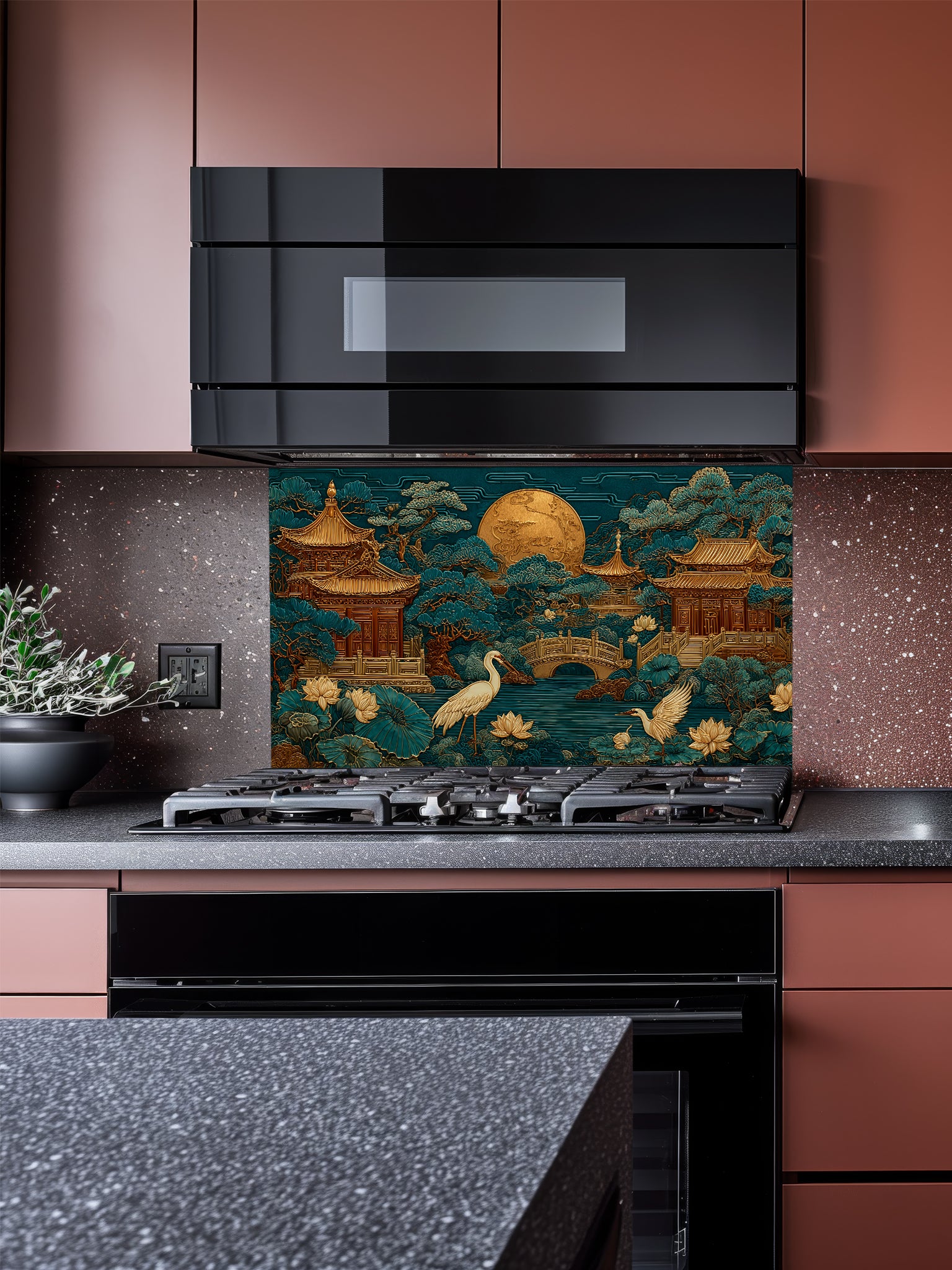 Faux 3D sculpted relief of an Asian landscape featuring golden pagodas, cranes, and a full moon against a deep teal background, UV printed on a smooth tempered glass kitchen backsplash.