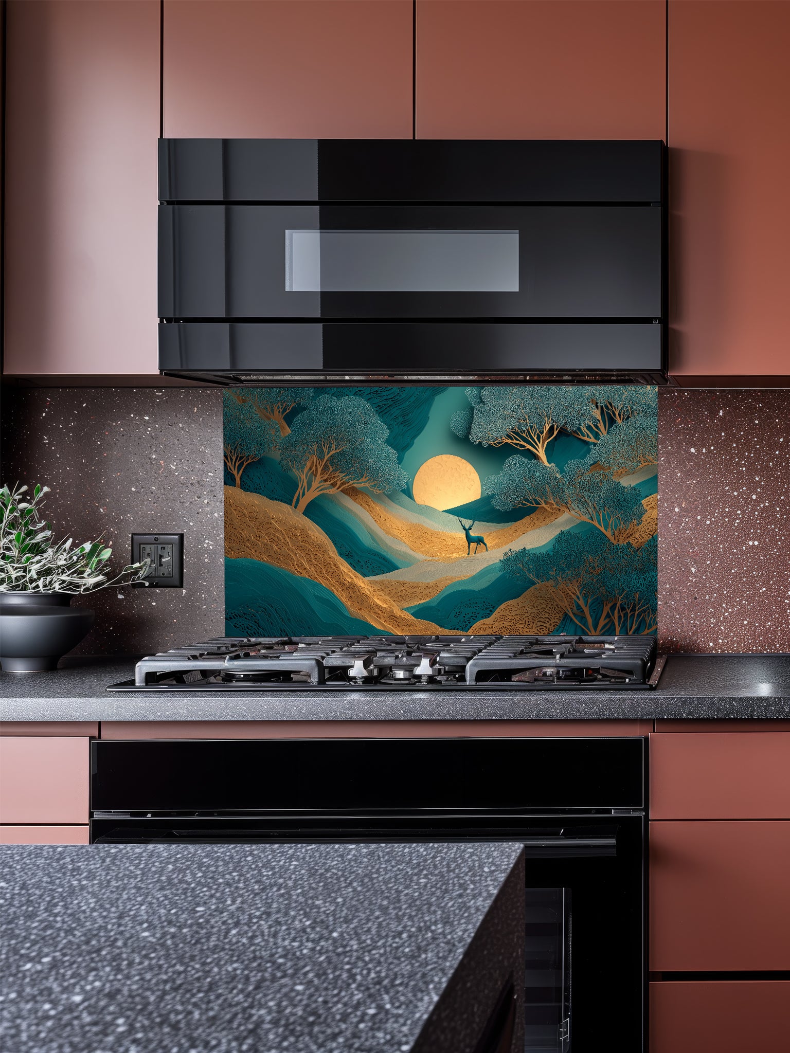 Faux 3D layered paper art of a mystical teal and gold forest with a deer and glowing moon, UV printed on a smooth tempered glass kitchen backsplash, installed behind a modern stove.