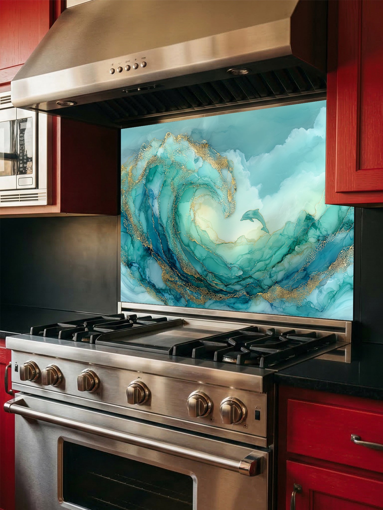 Tempered glass kitchen backsplash featuring a vibrant teal and gold abstract alcohol ink ocean wave with a small jumping dolphin, installed behind a modern stainless steel stove.