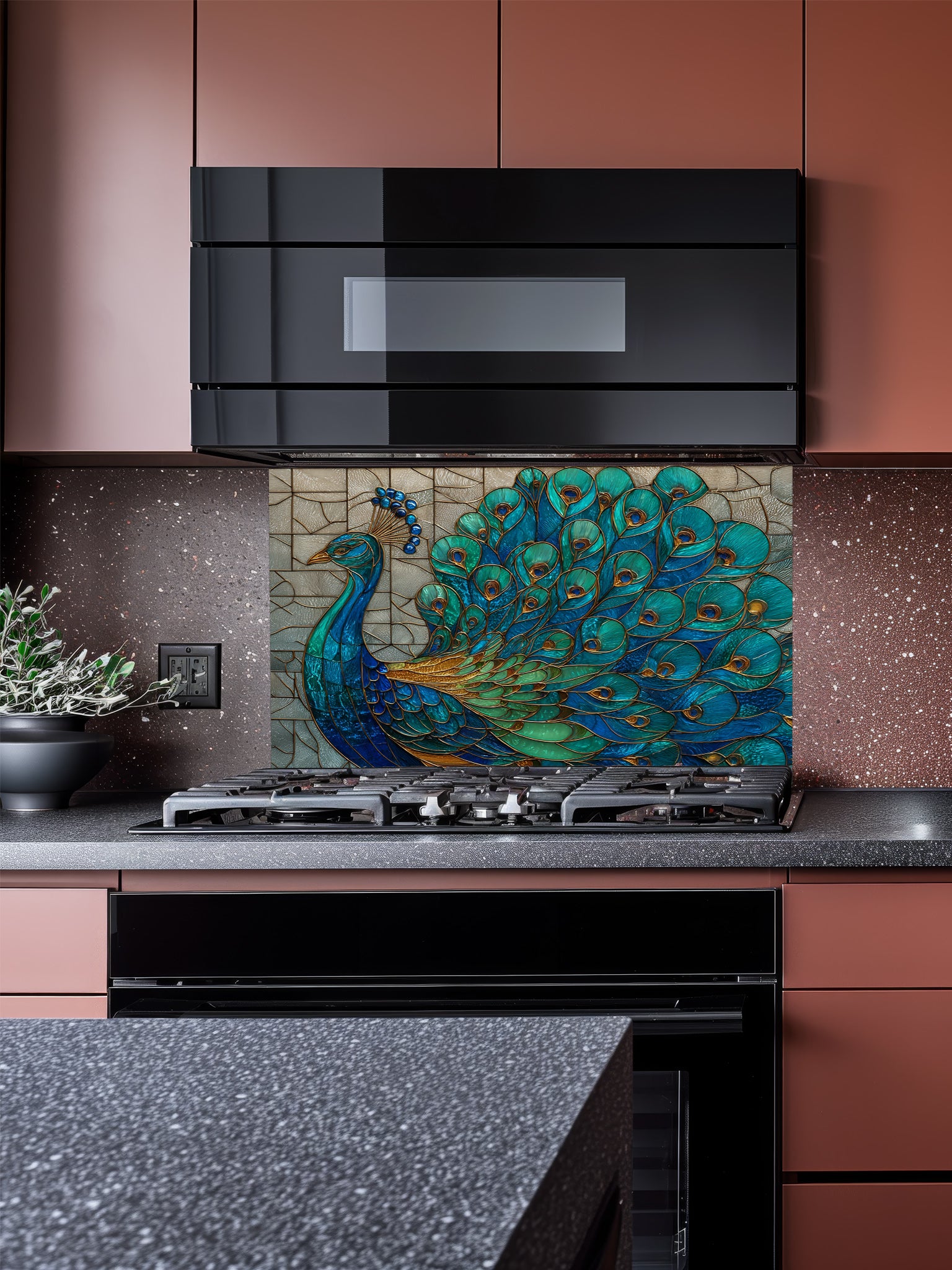 Stained glass style majestic peacock with spread feathers in teal, blue, and gold, UV printed on a smooth tempered glass kitchen backsplash, installed behind a modern stove.