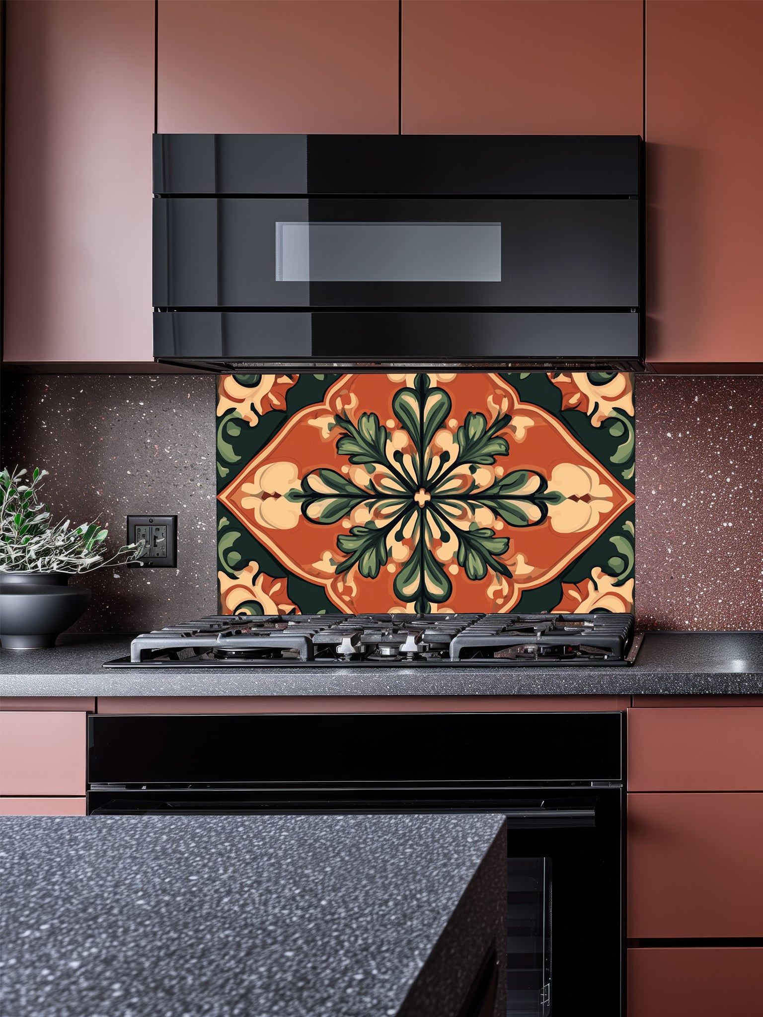 Large vintage style Spanish floral medallion tile mural in terracotta, olive green, and cream, UV printed on a smooth tempered glass kitchen backsplash.
