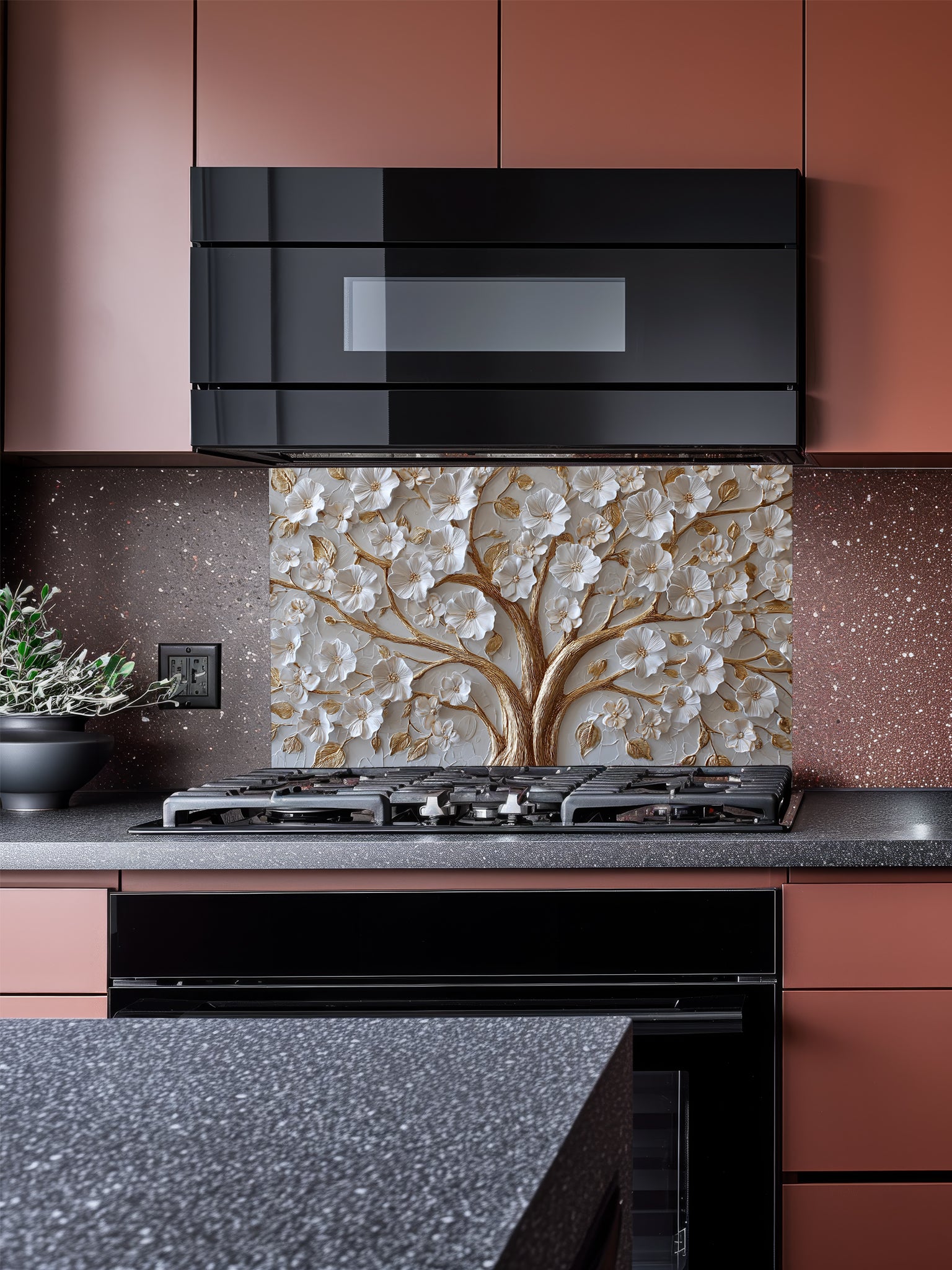 Faux 3D sculpted relief of a floral tree with pearl-white blossoms and heavy molten gold branches on a textured champagne background, UV printed on a smooth tempered glass kitchen backsplash.