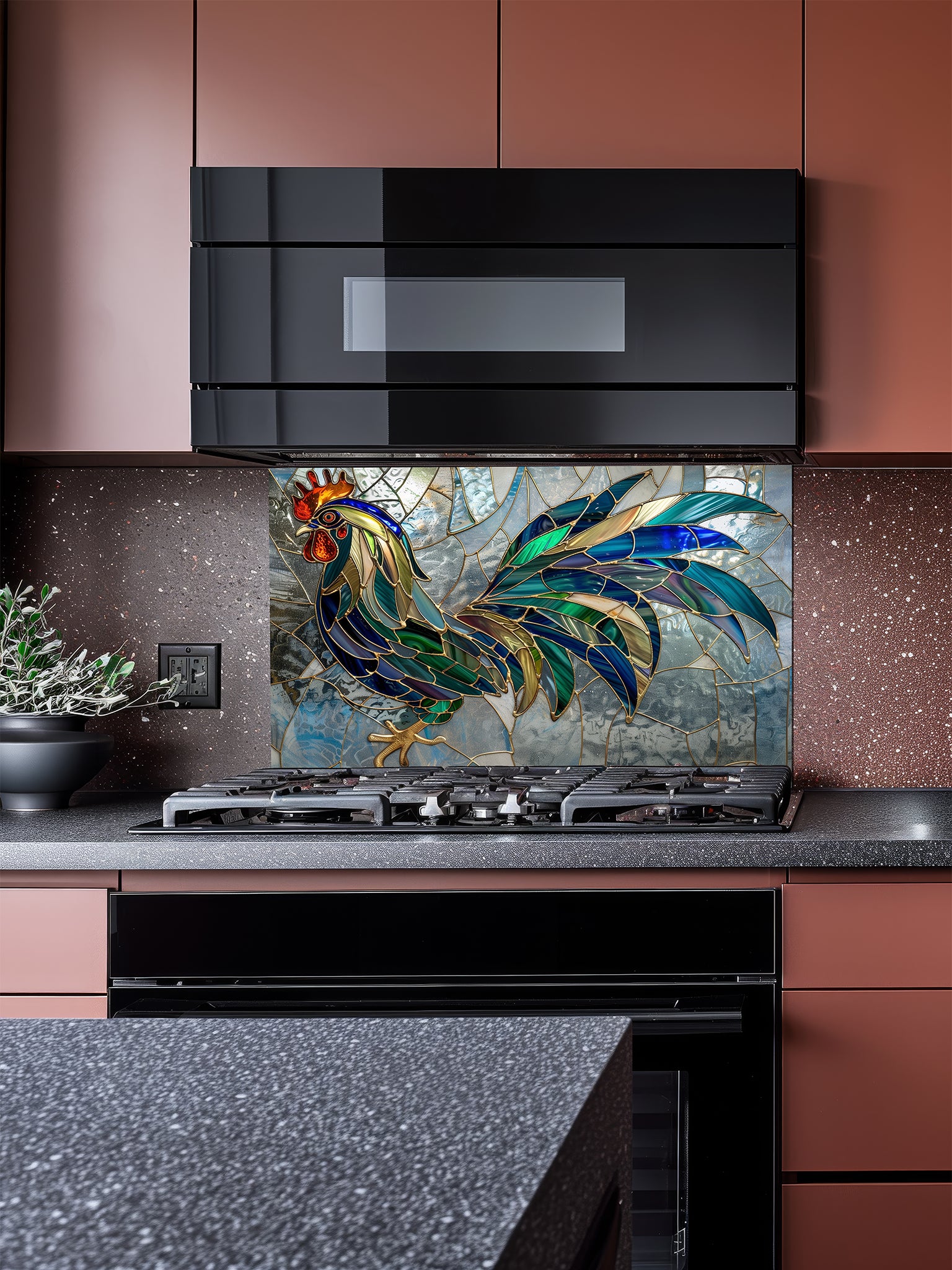 Tempered glass kitchen backsplash featuring a faux stained glass design of a rooster with teal, emerald, and navy feathers and prominent gold outlines, set against an abstract icy blue mosaic background, installed behind a modern stainless steel stove.