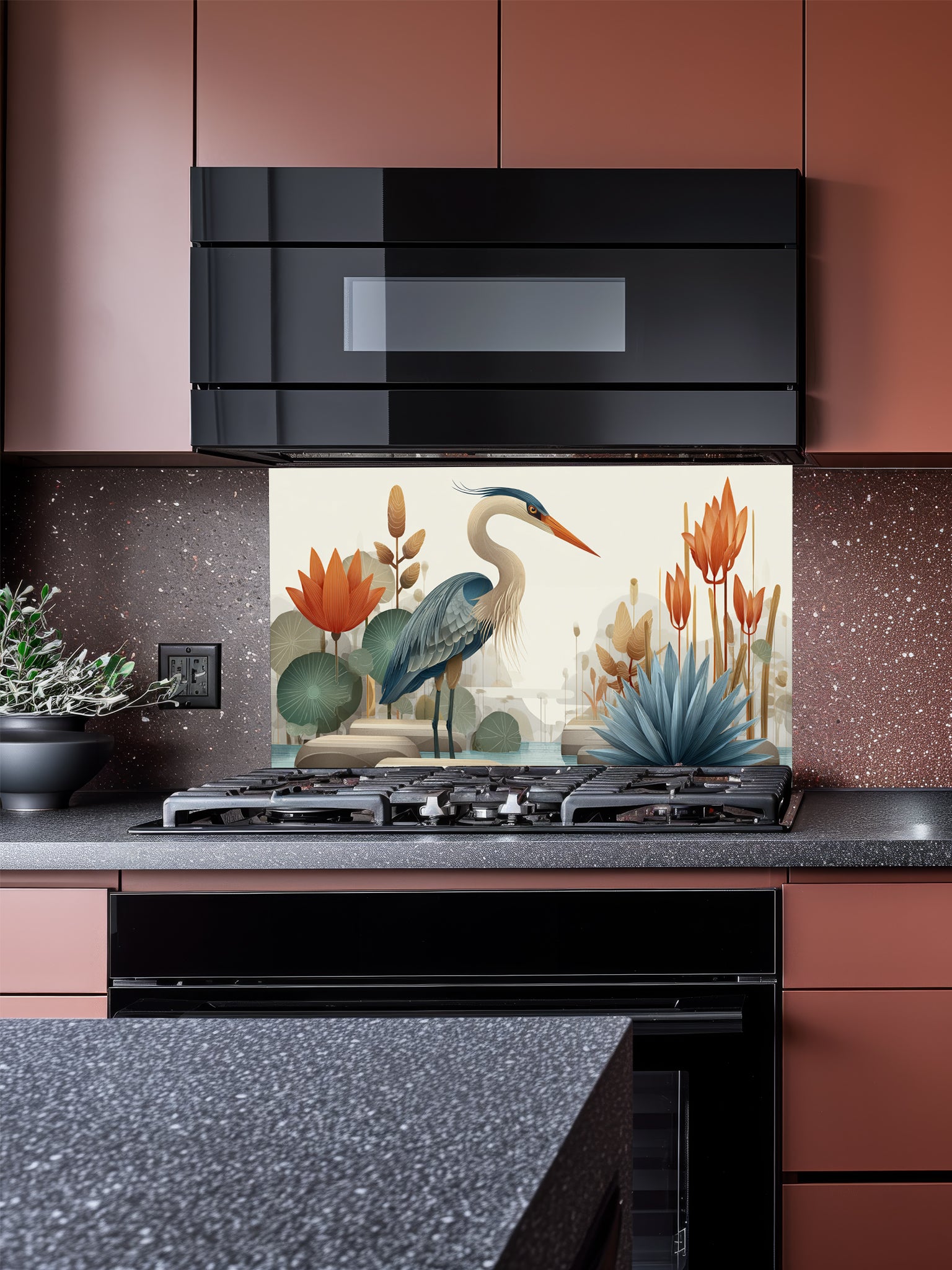 Tempered glass kitchen backsplash featuring a crisp, modern minimalist flat illustration of a grey heron standing among geometric teal lotus leaves, smooth river stones, and tall orange architectural flowers against a smooth cream background, installed behind a modern black stove.