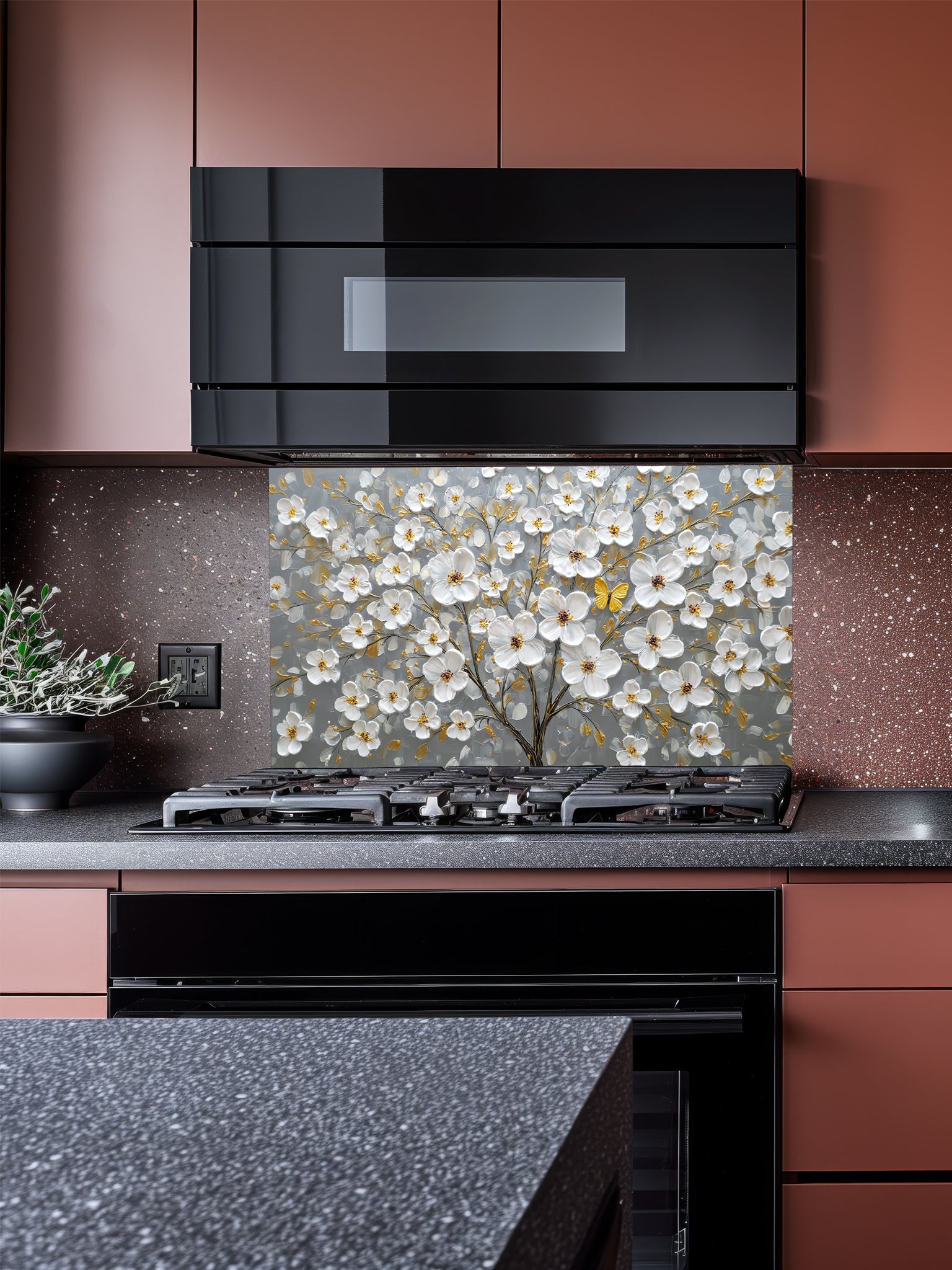 "Faux 3D impasto style painting of a white floral tree with golden accents and a yellow butterfly on a grey background, UV printed on a smooth tempered glass kitchen backsplash."