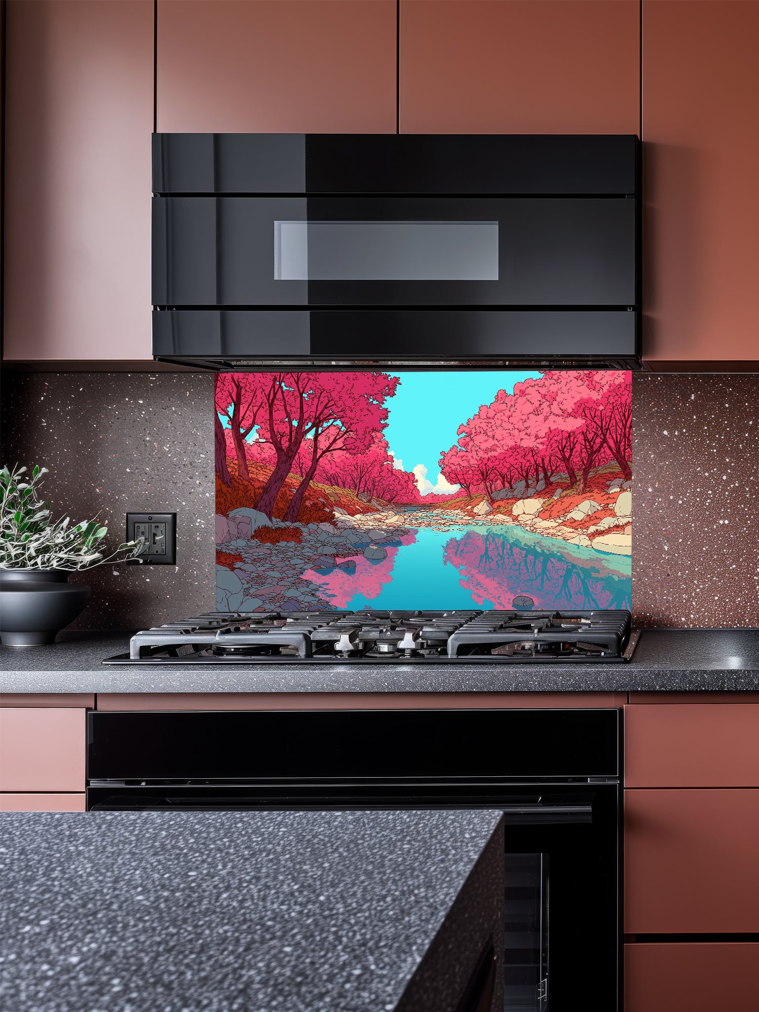 Anime style vibrant pink cherry blossom trees reflecting in a peaceful blue river, UV printed on a smooth tempered glass kitchen backsplash, installed behind a modern stove.