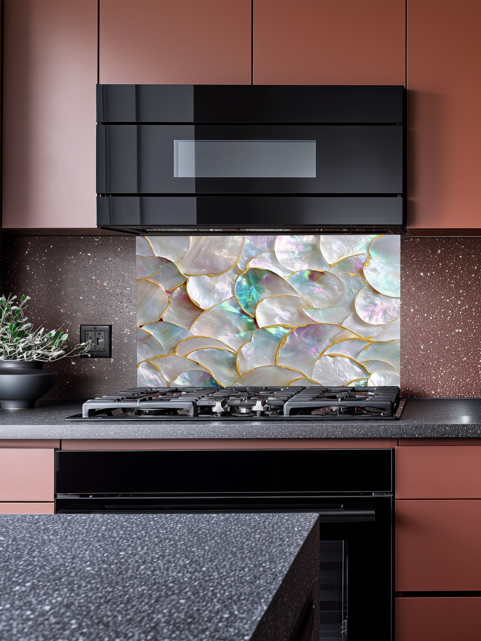 Tempered glass kitchen backsplash featuring a highly realistic 3D illusion of a luxury mother of pearl shell mosaic with iridescent pearlescent hues and faux gold edges, installed behind a modern stainless steel stove.