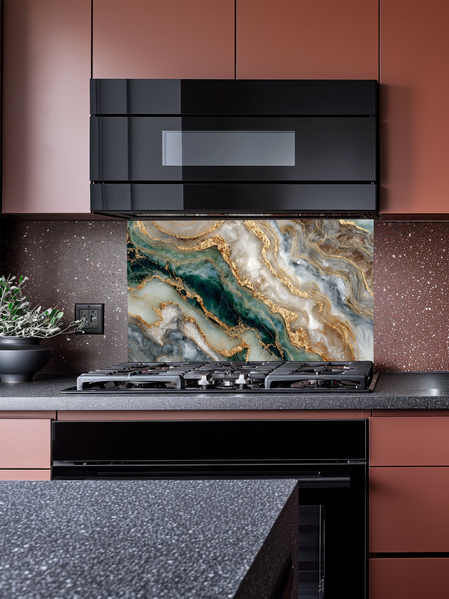 Faux fluid art epoxy resin pattern featuring deep malachite green, white, and striking 3D-looking liquid gold Kintsugi veins, UV printed on a smooth tempered glass kitchen backsplash.