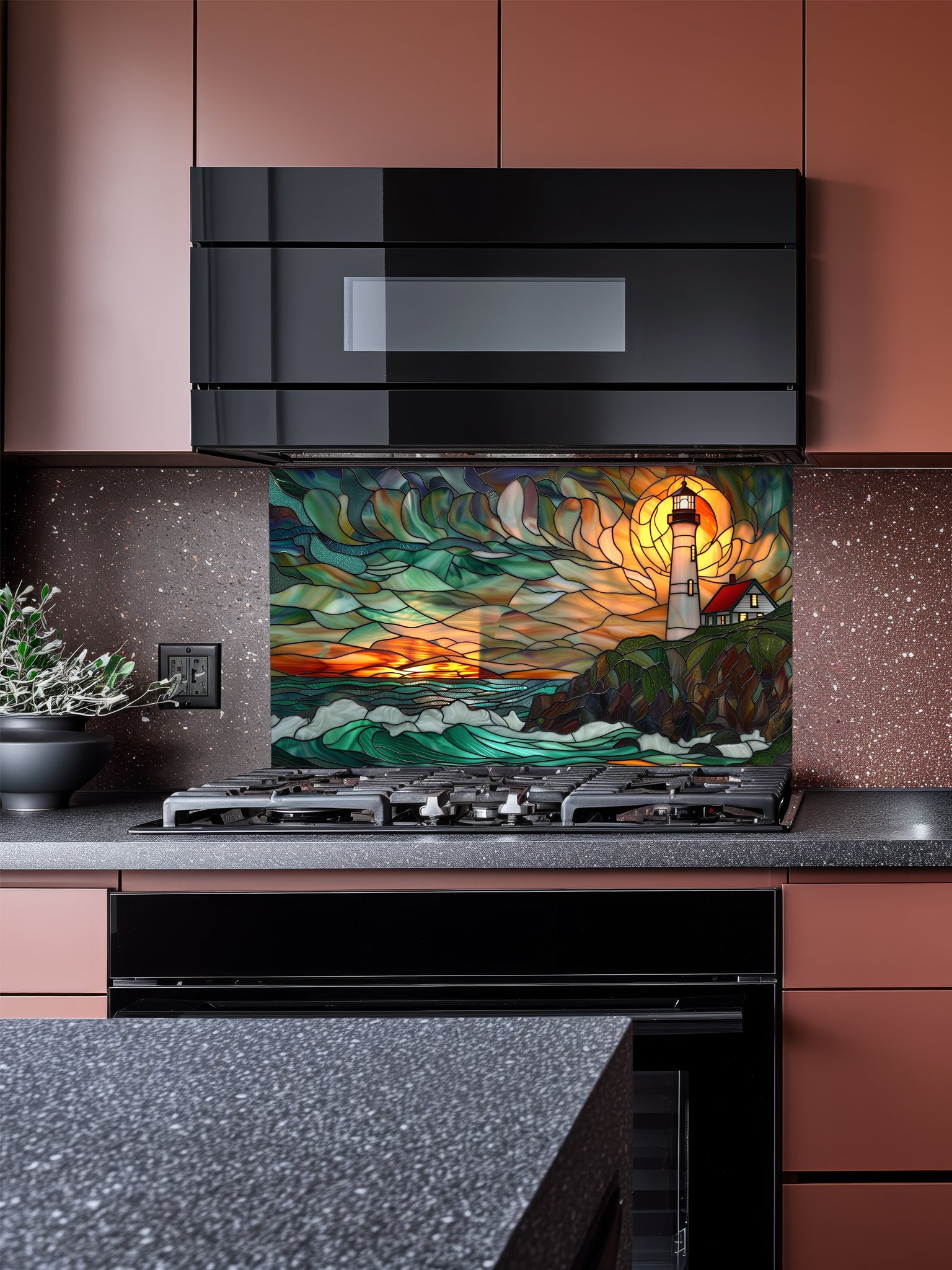 Tempered glass kitchen backsplash featuring a highly realistic 3D illusion of scenic stained glass art showing a classic lighthouse with a red roof on a rocky cliff overlooking turbulent teal ocean waves under a vibrant orange and amber sunset sky, installed behind a modern black stove.