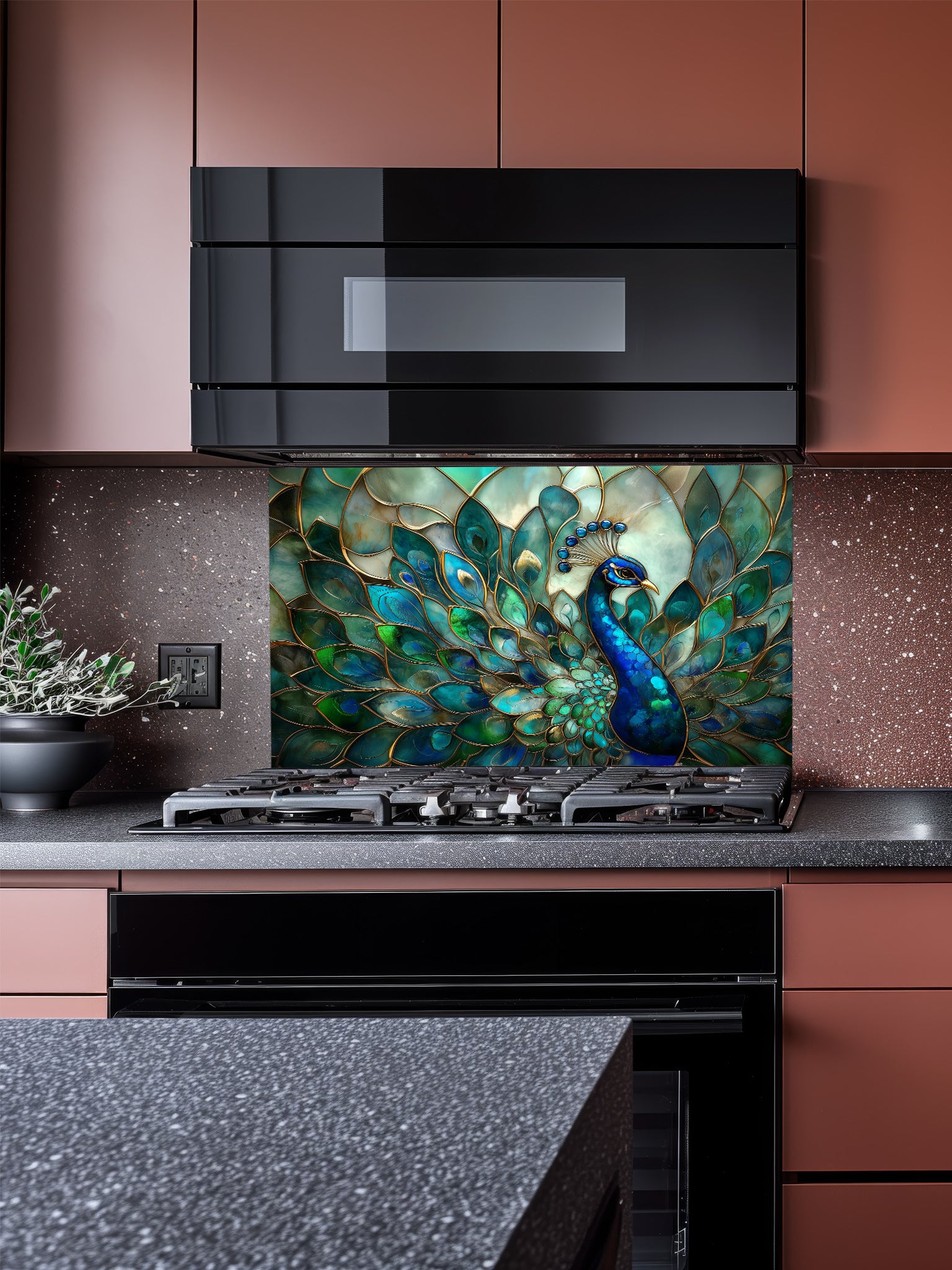 Tempered glass kitchen backsplash featuring a highly realistic 3D illusion of Art Nouveau stained glass showing a magnificent peacock with flowing teal, emerald, and sapphire feathers outlined in gold, installed behind a modern stainless steel stove.