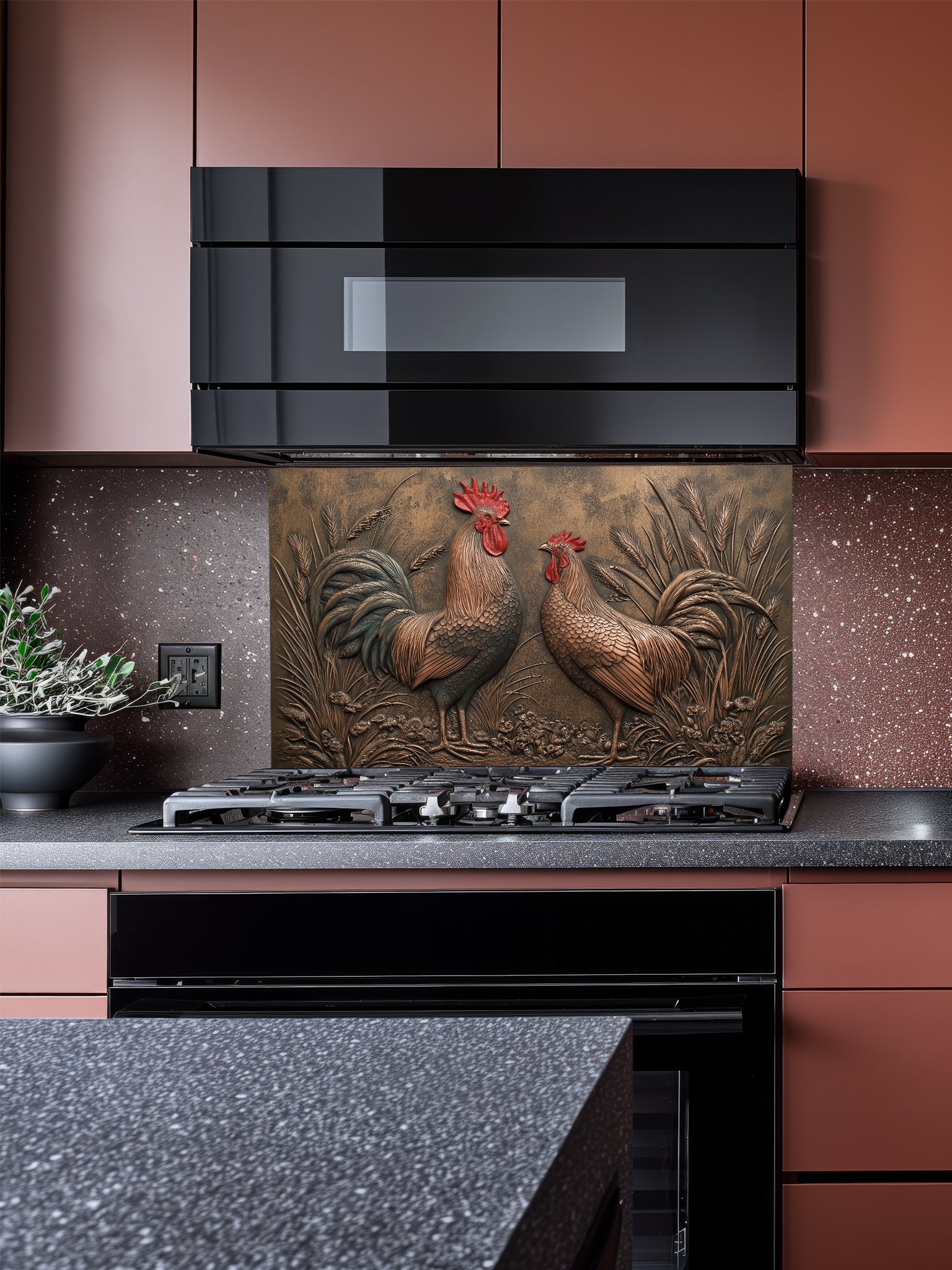 Faux 3D effect weathered bronze and copper relief of two roosters among wheat, UV printed on a smooth tempered glass kitchen backsplash, installed behind a modern stove.